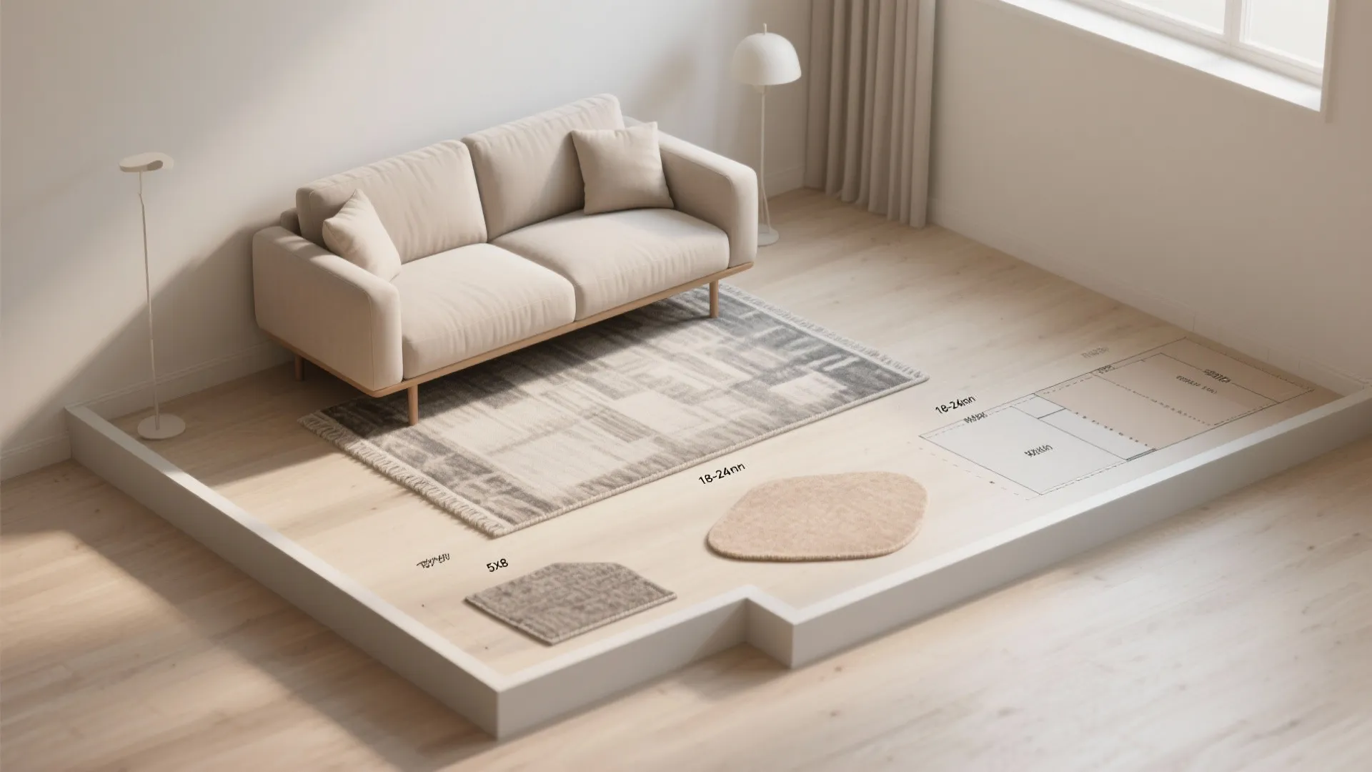 Interior design drawing showing rug sizing options and layout for a living room with sofa