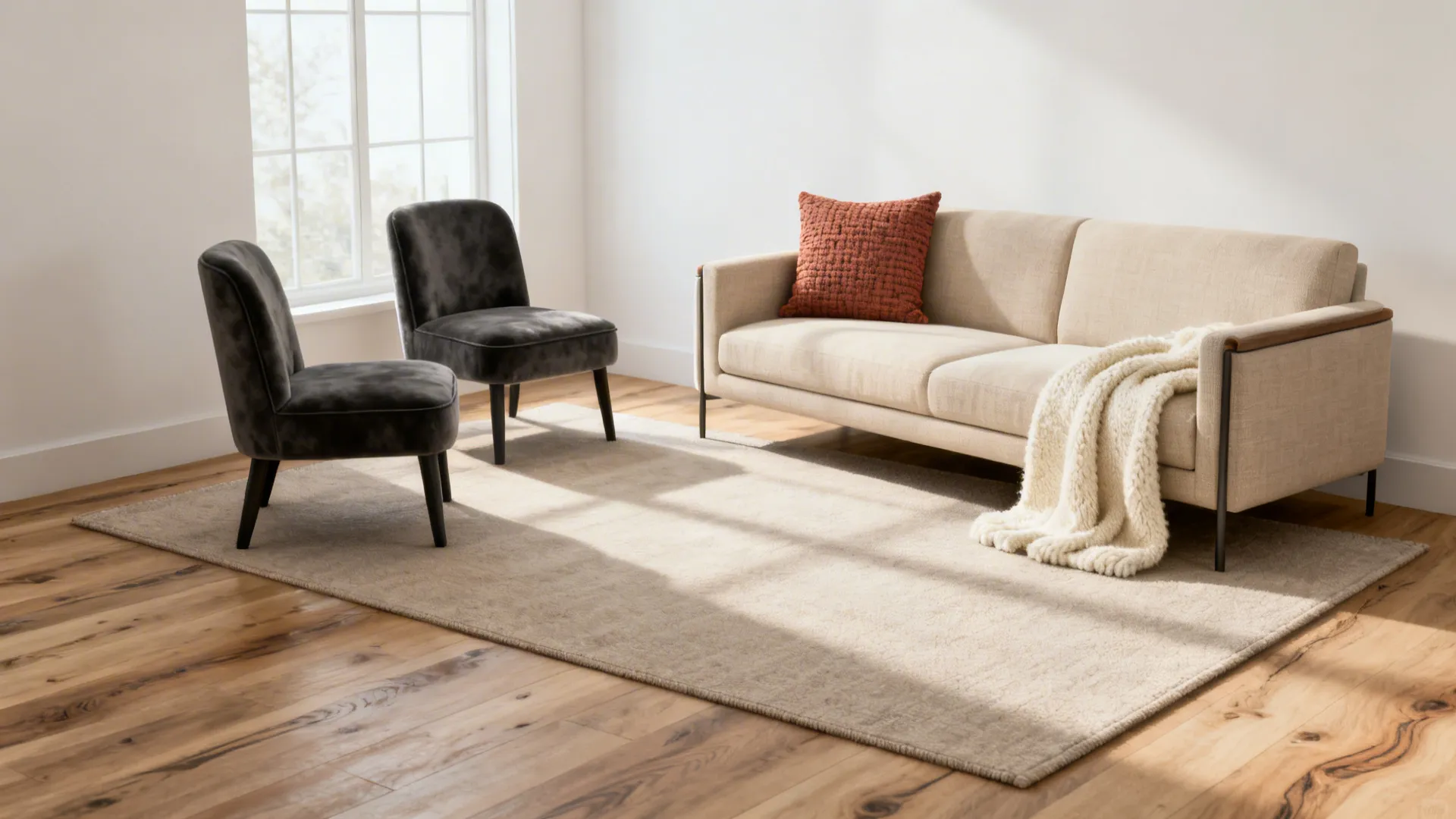 Small living area with a well-sized rug and slim-profile seating, textured cushion and throw