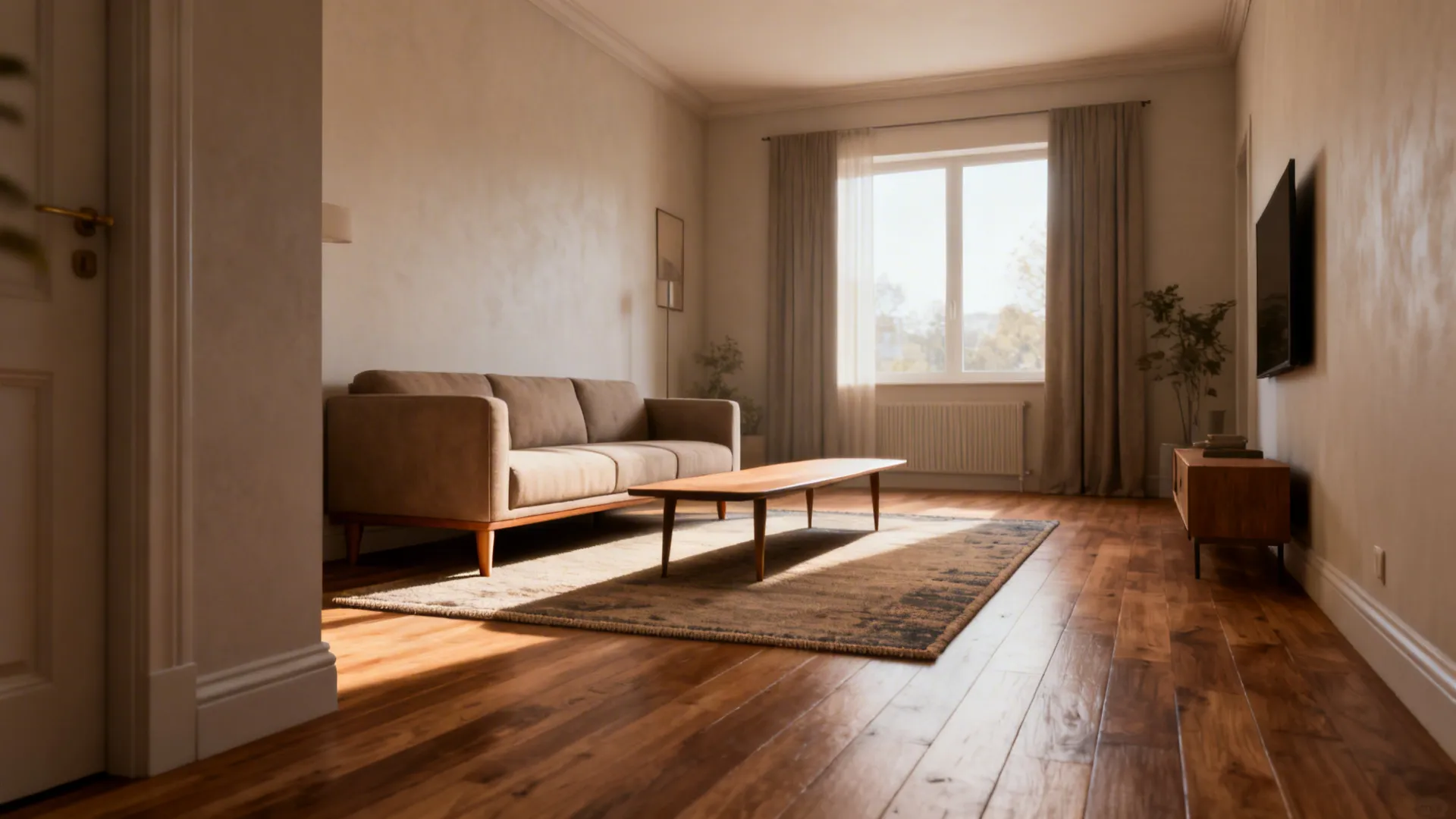 Narrow living room with a rug under the sectional's front legs and a slim elongated coffee table.