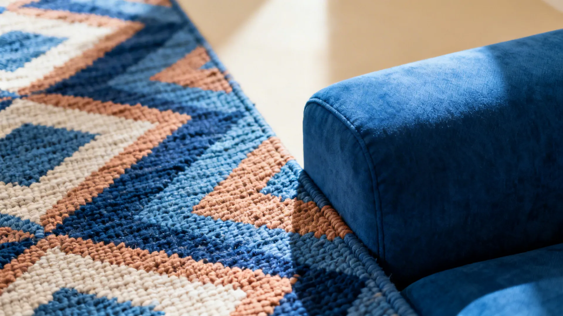 Macro of a cobalt-and-clay geometric rug beside royal blue upholstery.