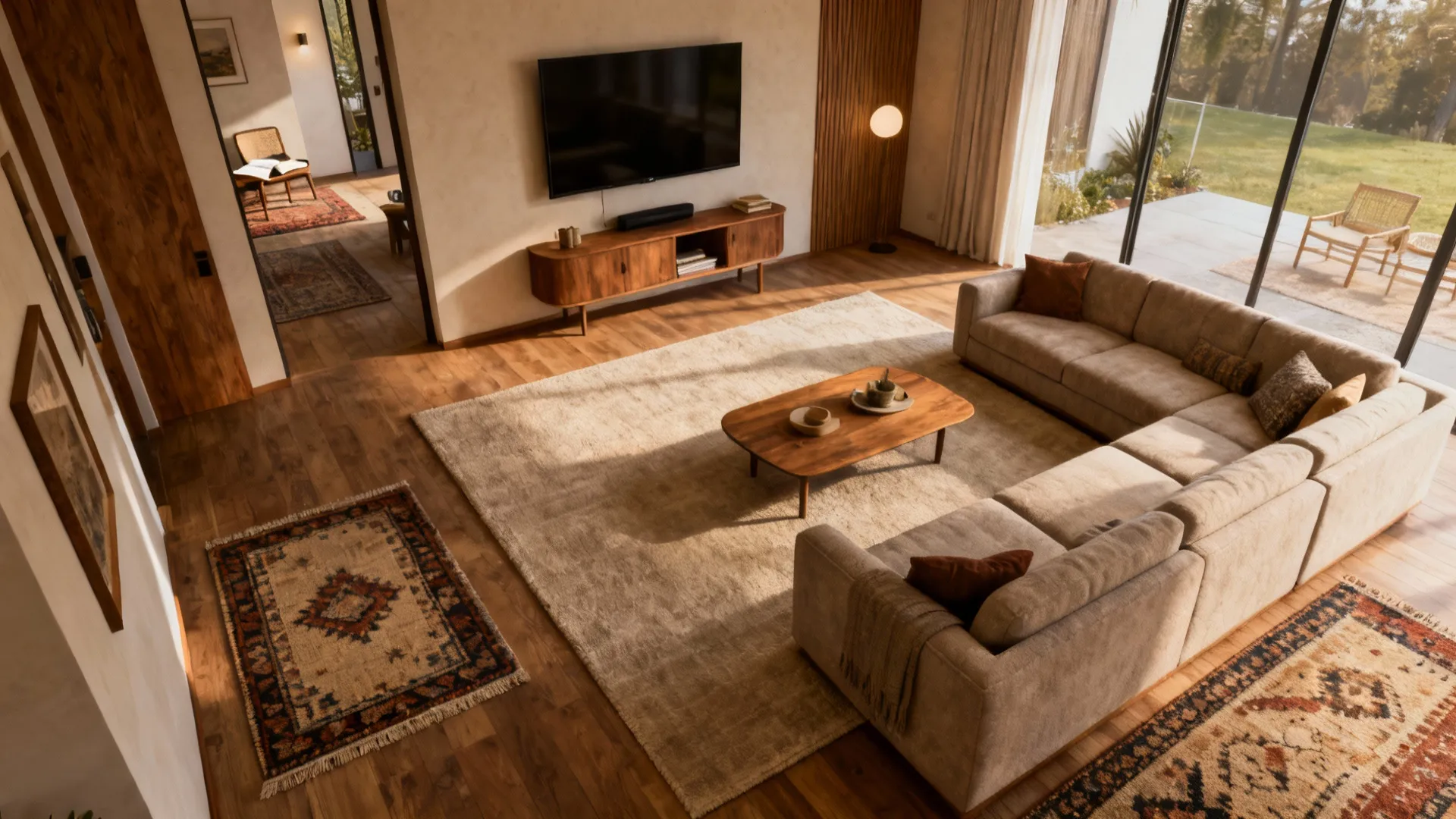 Rug and sectional sofa defining a TV conversation area in an L-shaped living room