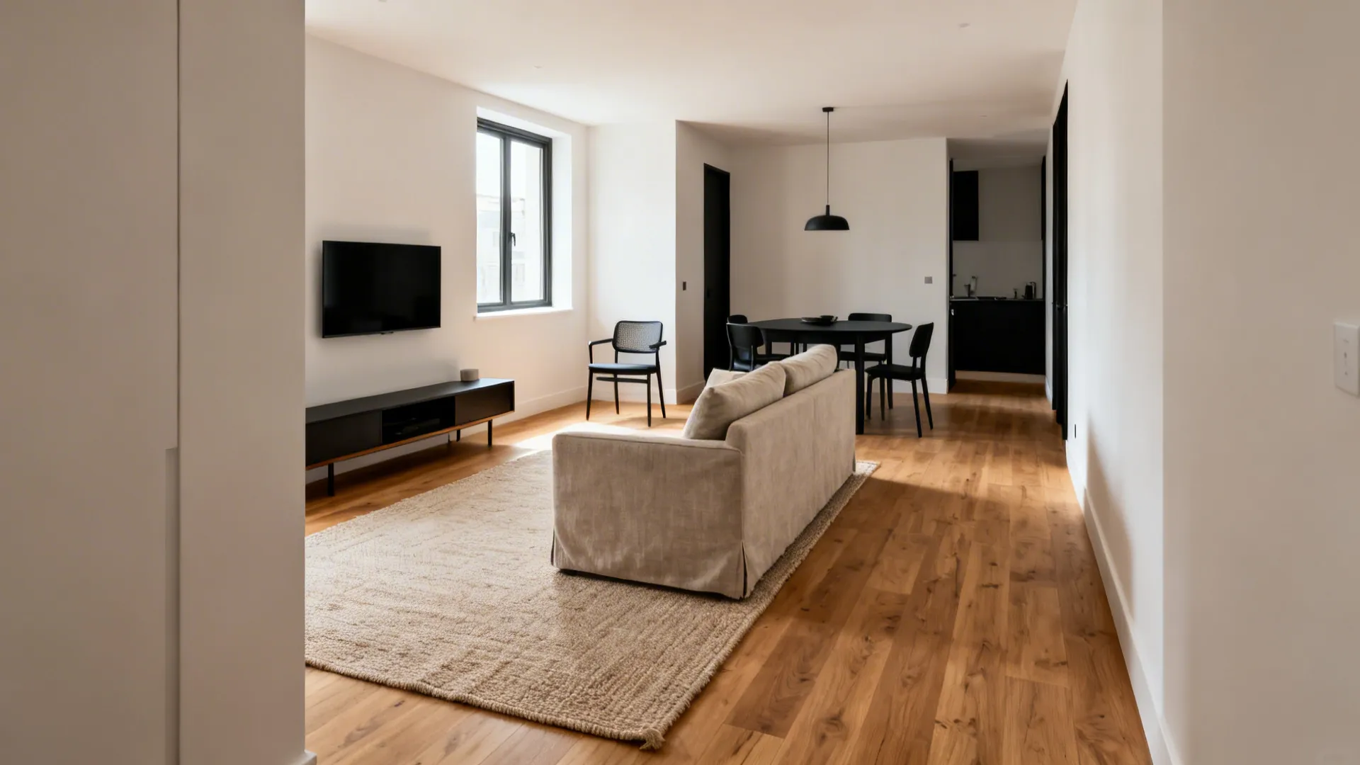 Modern living room with beige sofa on large rug beside black dining table and wooden floor
