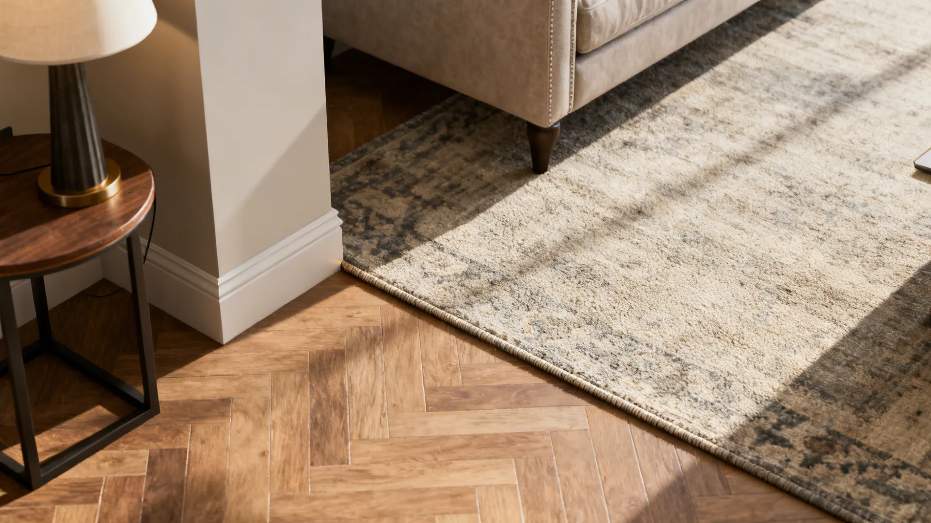 Corner detail showing recommended rug-to-wall spacing around 18–24 inches