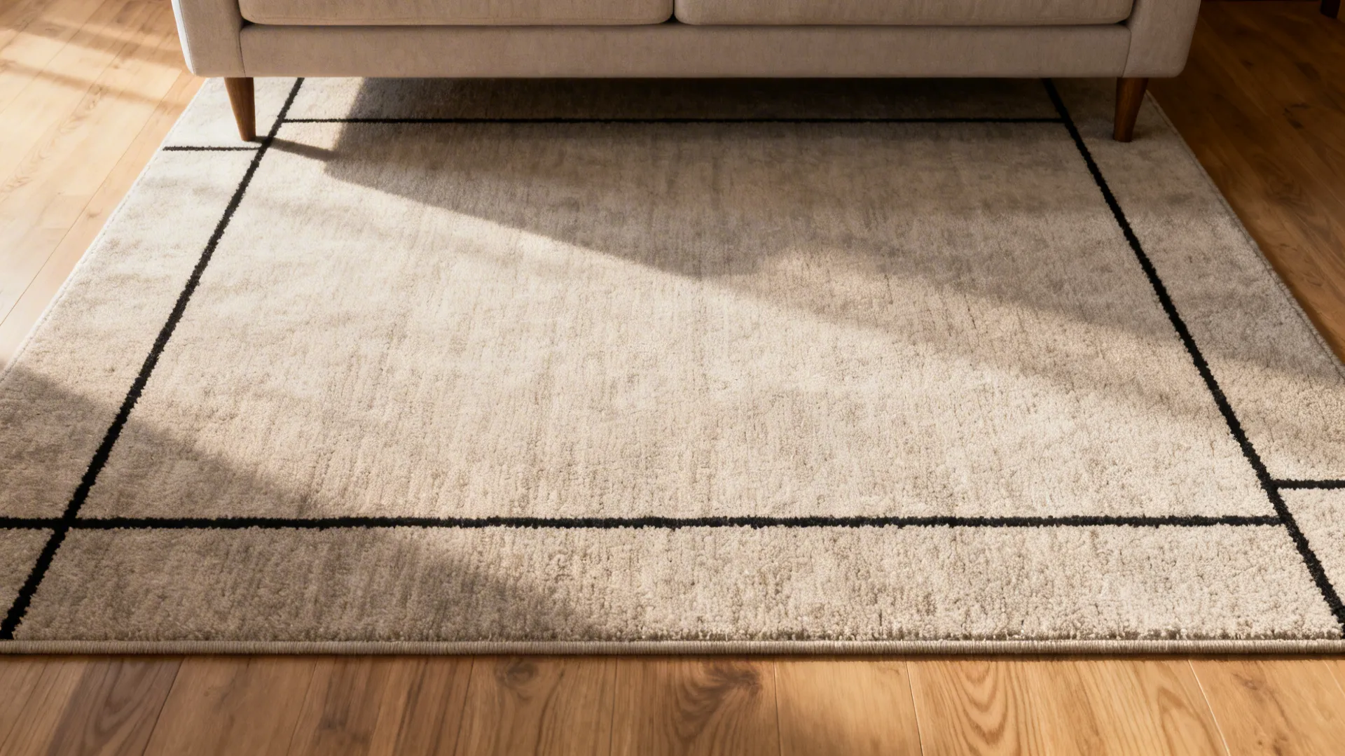 Low-pile neutral rug with thin black motifs defining a small living room seating area.