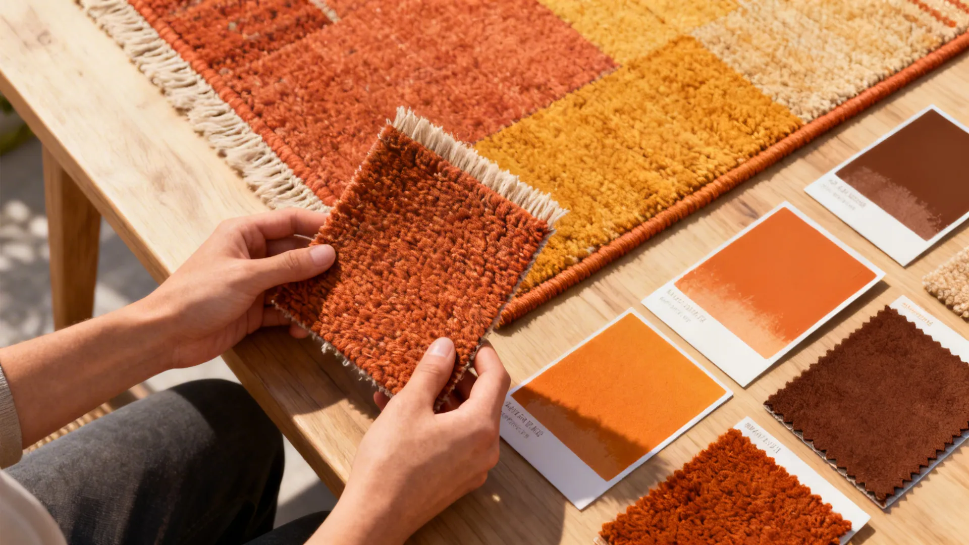 Person holding orange rug fabric sample on wooden table with color cards and textured carpet