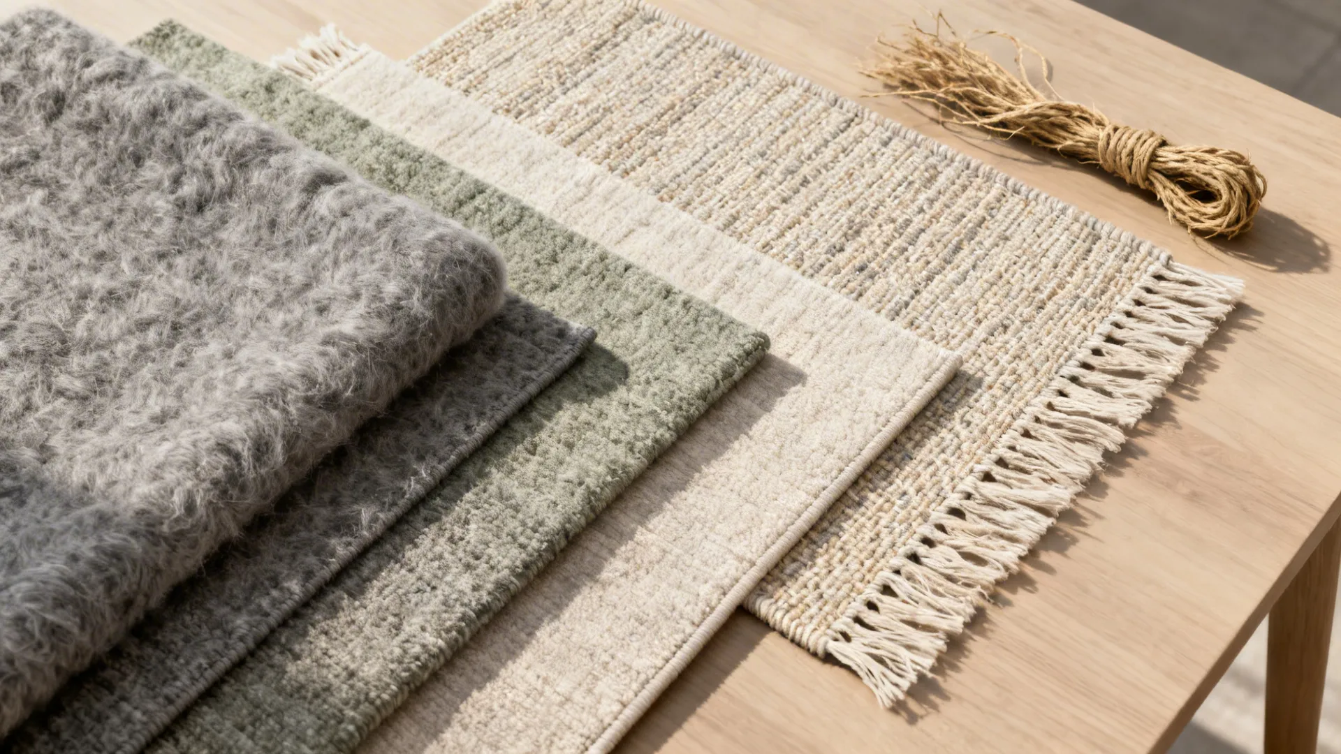 Flatlay of neutral rug swatches including wool, jute, and indoor-outdoor samples.