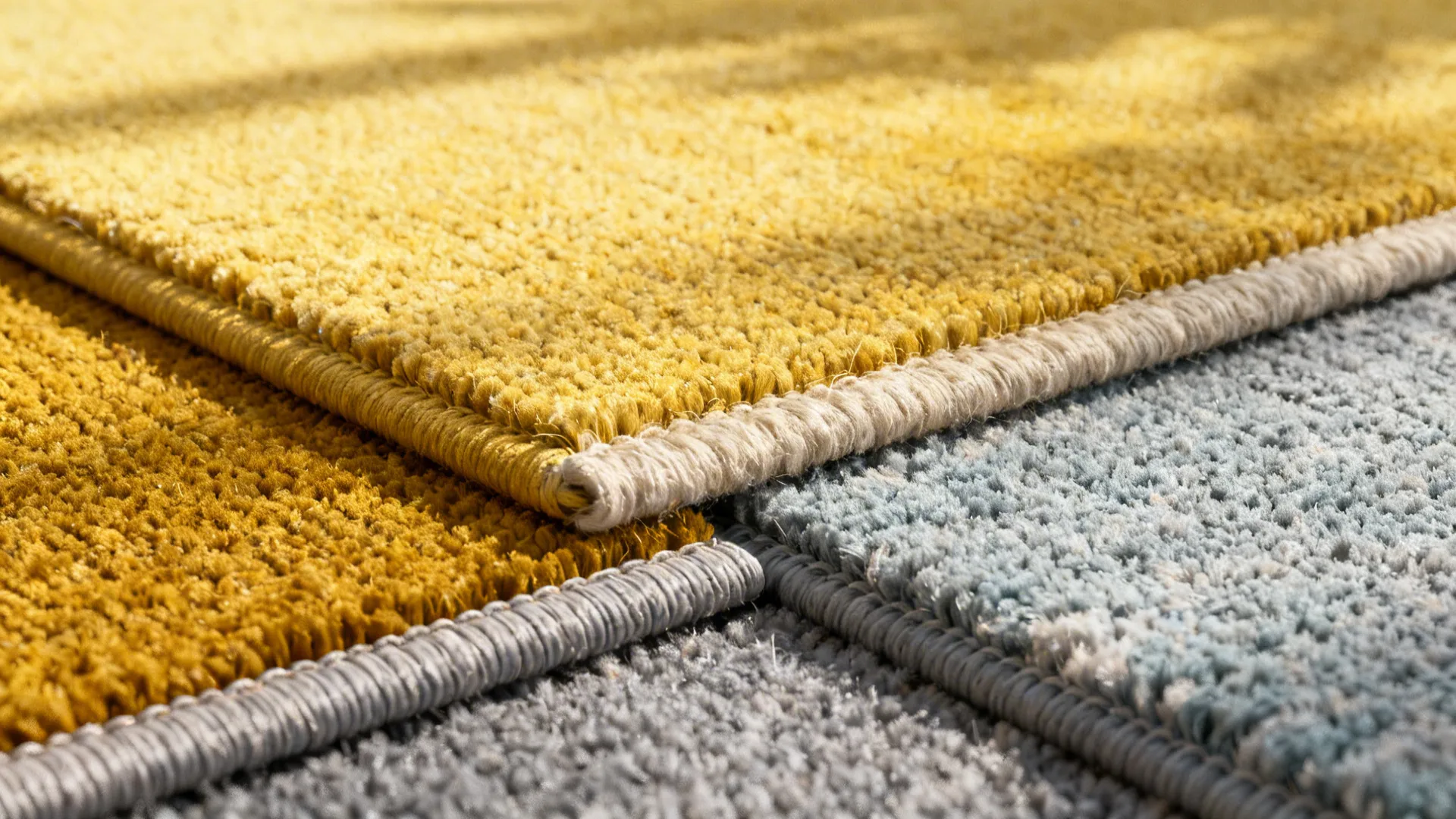 Close-up of rug swatches showing yellow and gray shades, materials, and rug pad edge