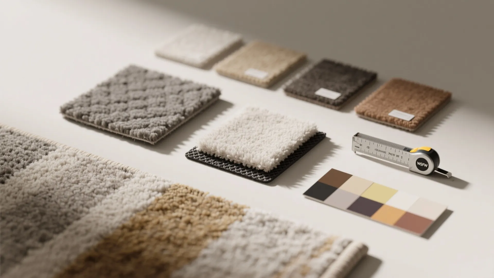 Flatlay of rug material samples, anti-slip pad, and measuring tape for choosing durable rugs
