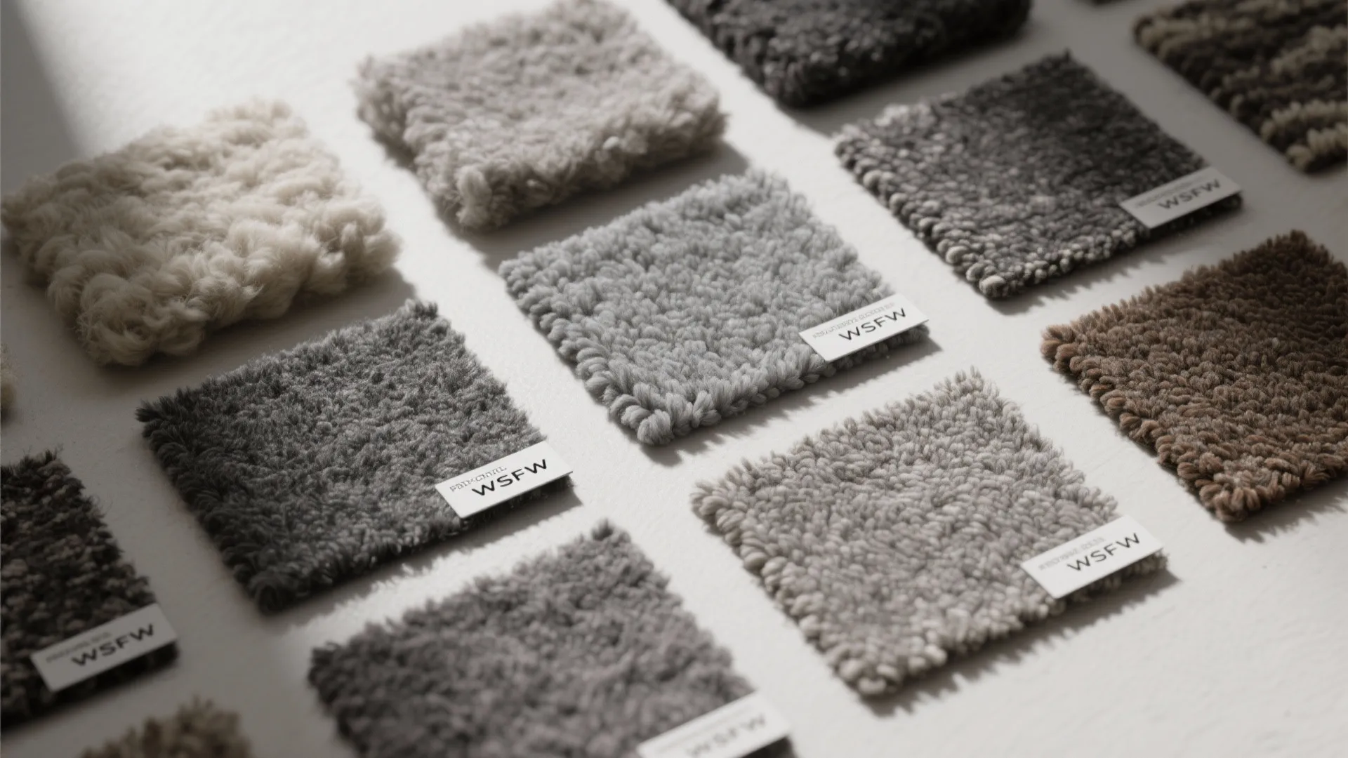 Flatlay of grey rug swatches showing wool and synthetic fiber options