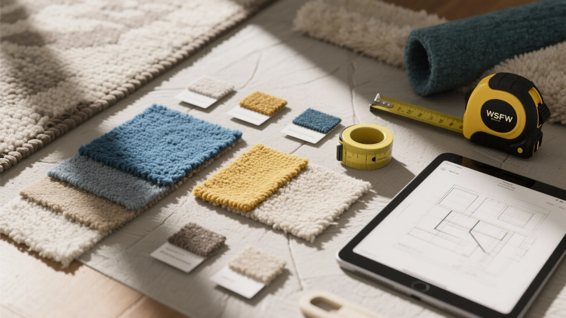 Interior design floor planning with carpet swatches measuring tape and a digital tablet on floor
