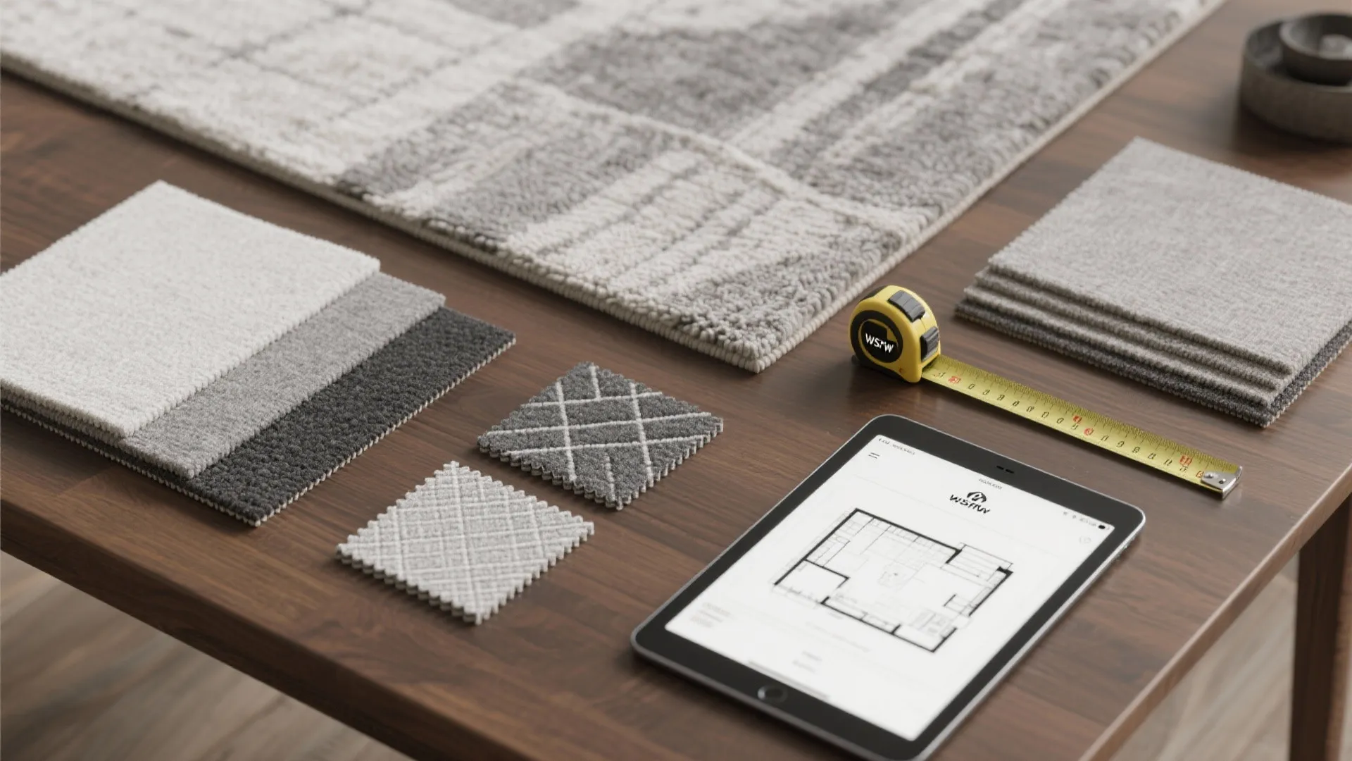 Grey rug samples and measuring tape on a wooden table with a digital room layout