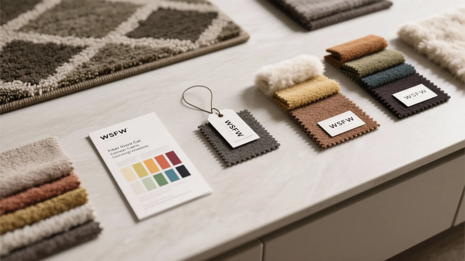 Flatlay of rug swatches, fiber care tags and color palette for choosing materials and cleaning.