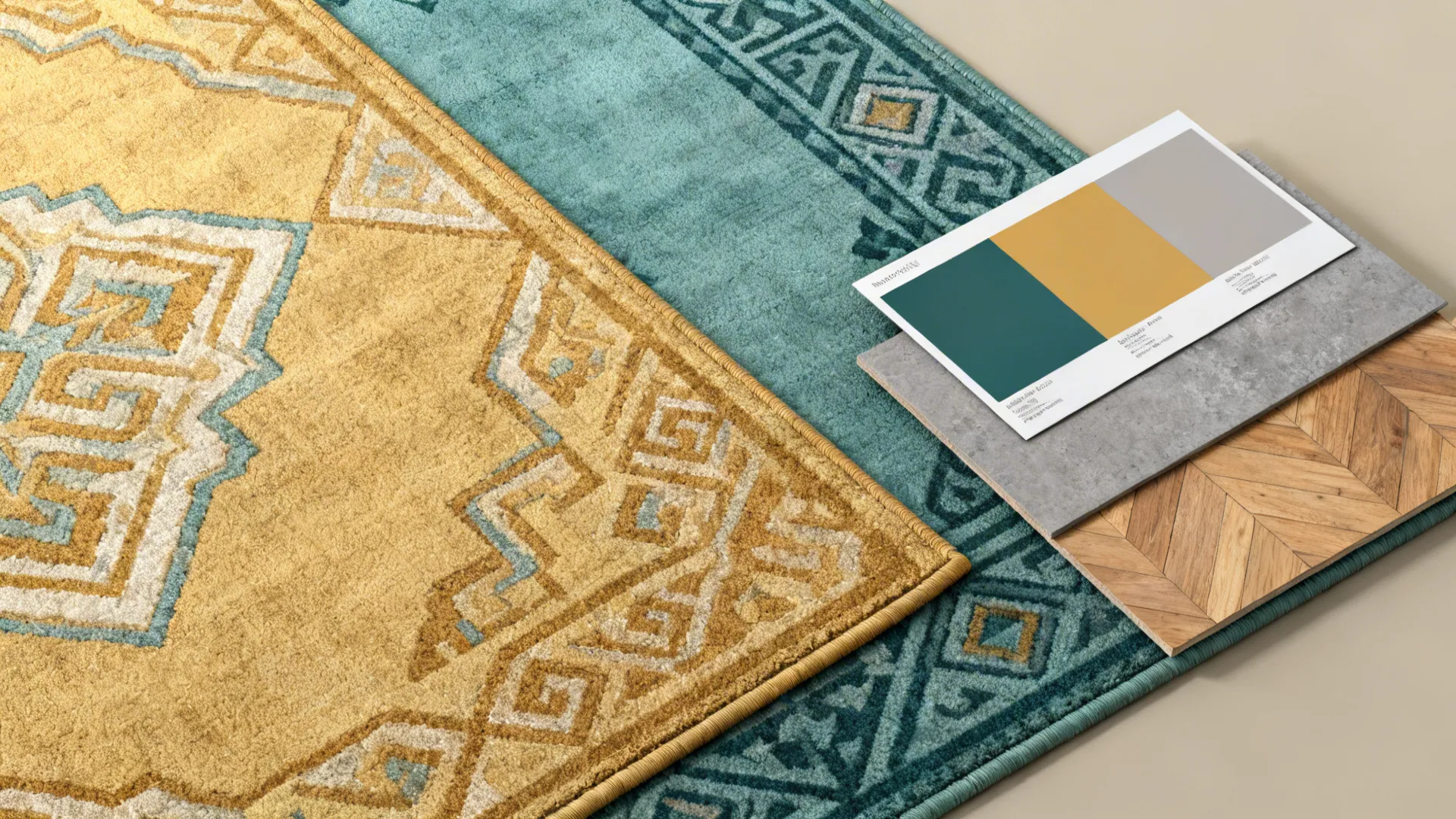Flatlay of muted ochre, teal and warm gray rug swatches with geometric and subtle patterns.