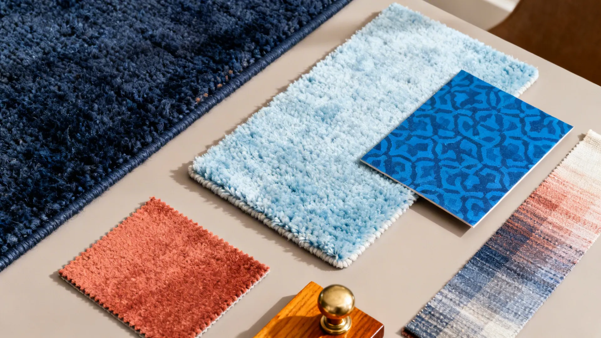 Flatlay of blue rug and warm accent material swatches for comparison
