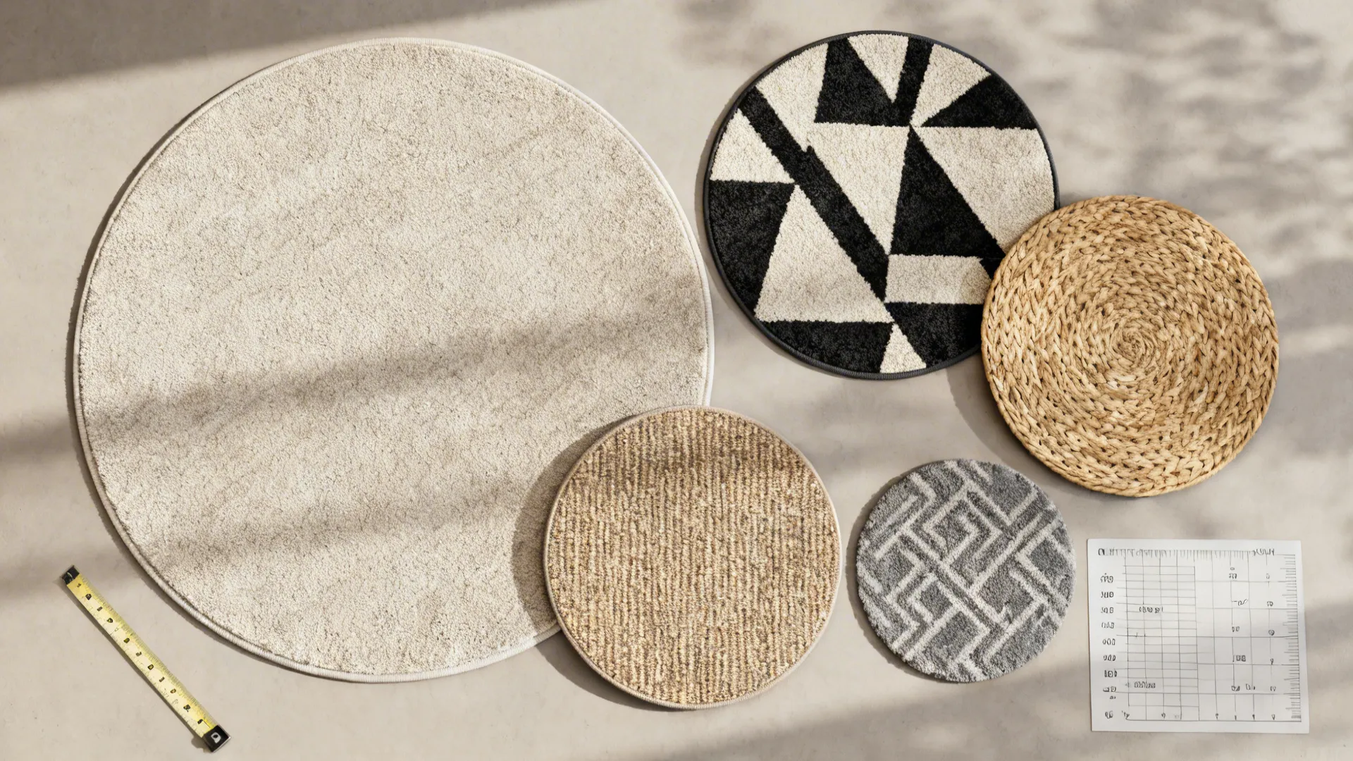 Top-down flatlay of round rug swatches and measuring tape for sizing guidance