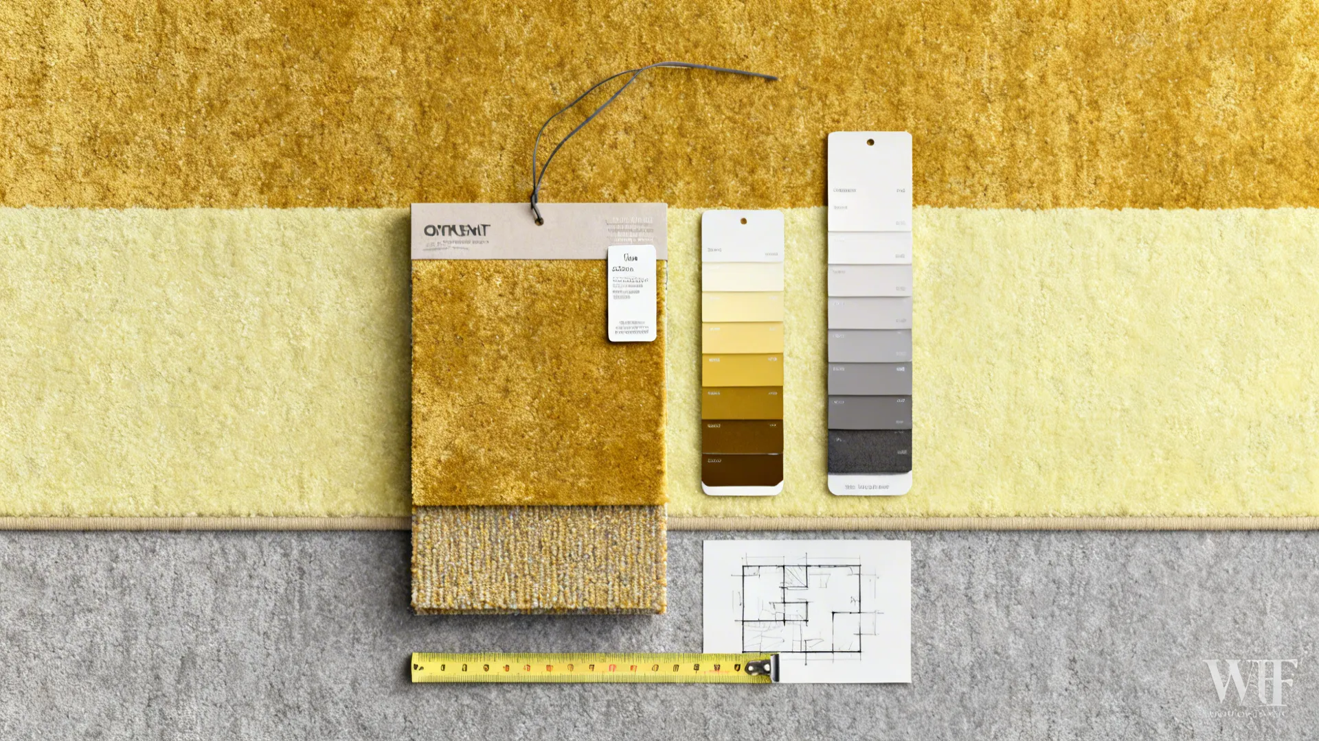 Top-down flatlay of rug swatches, color chips and a measuring tape for selecting yellow and gray rugs