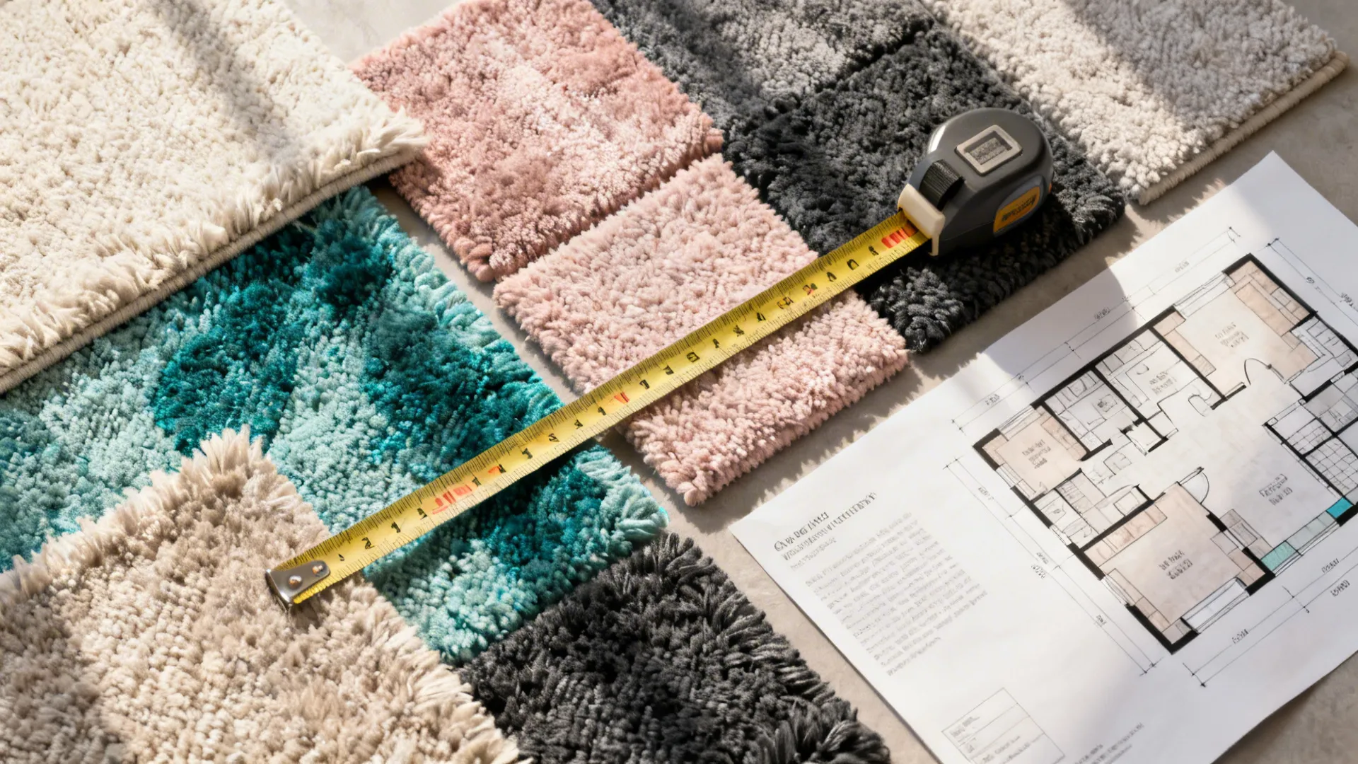 Top-down flatlay of rug swatches, measuring tape and room plan for sizing tips
