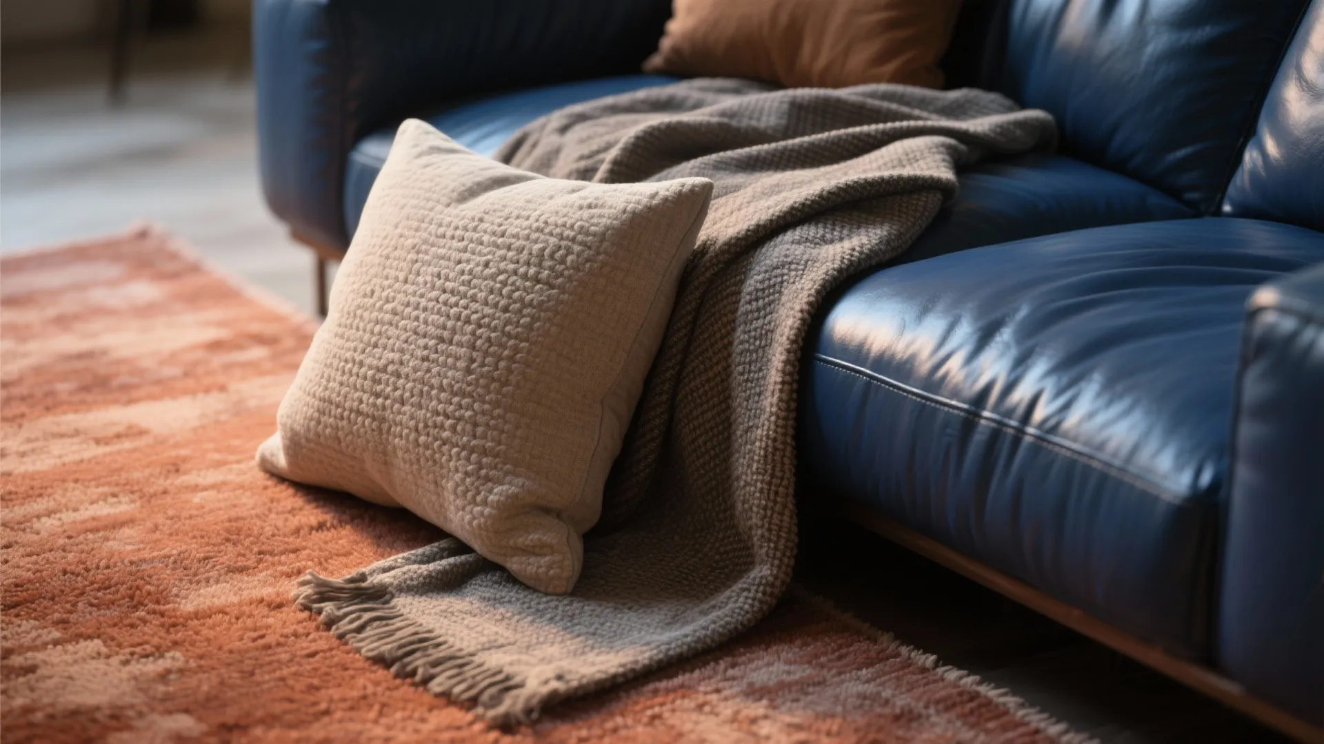 Close up of textured pillow and grey blanket on blue sofa over an orange rug