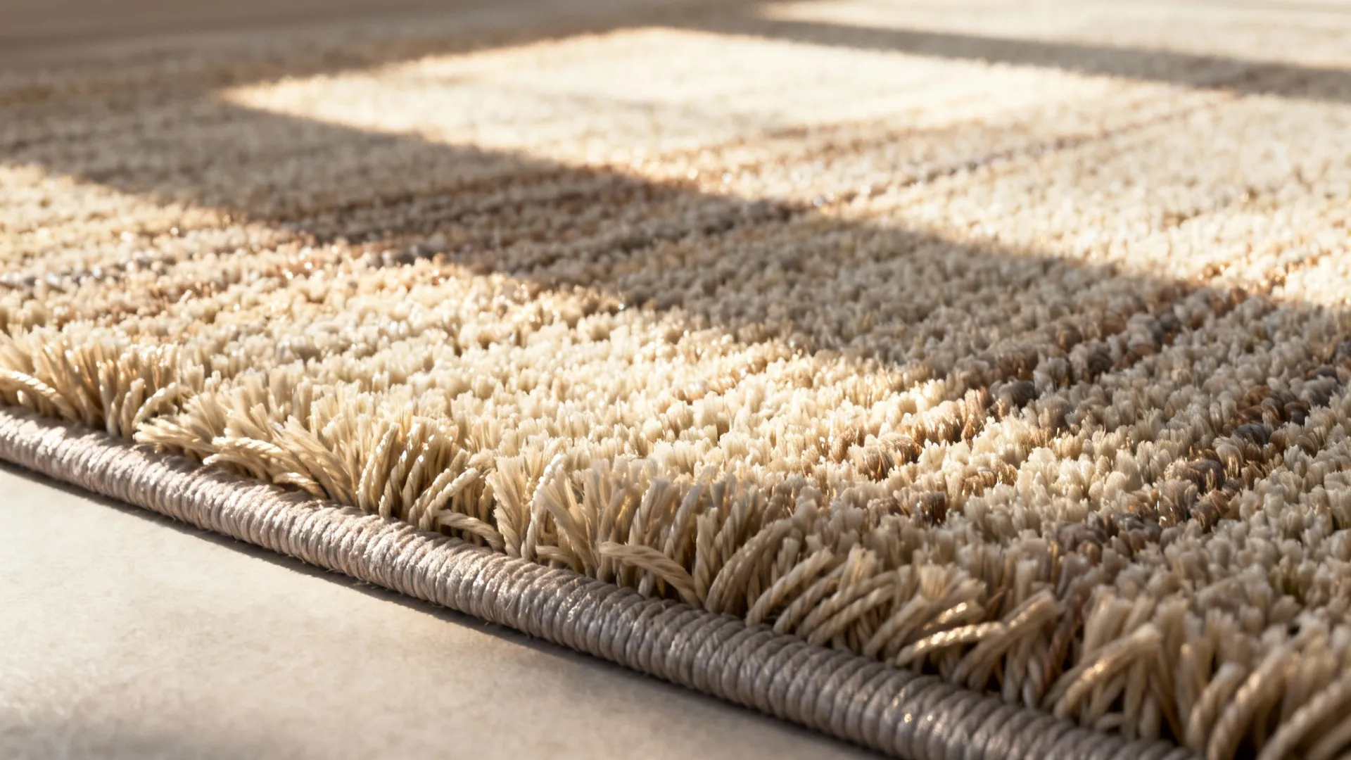 Macro detail of low-pile synthetic rug fibers and a rug pad for durability.