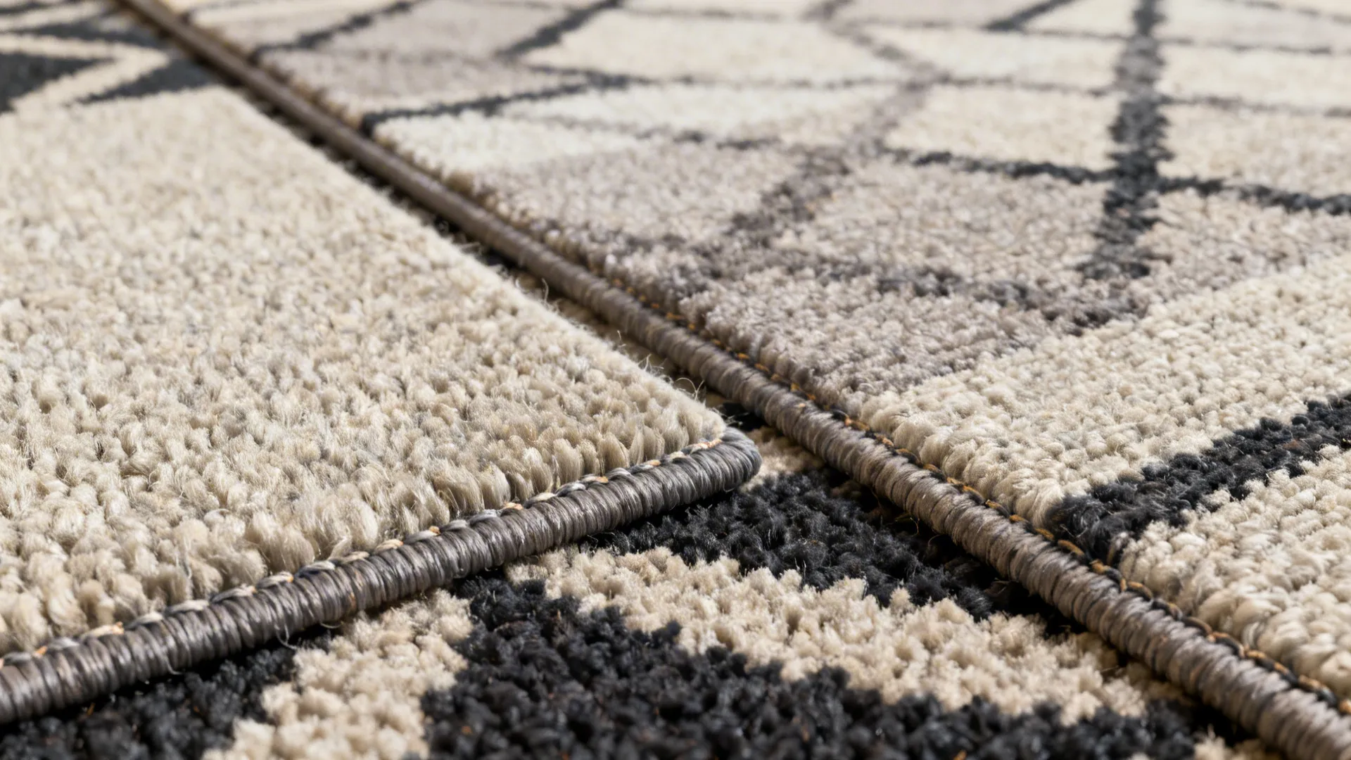 Macro view of rug fibers showing wool, synthetic low-pile, and flatweave textures for high-traffic use.