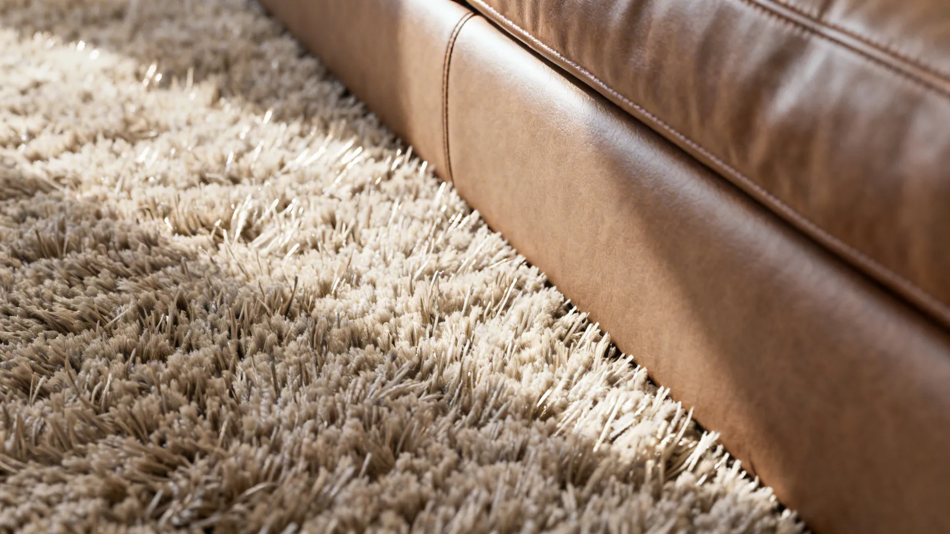 Close-up of plush rug pile next to smooth leather sofa showing texture contrast.