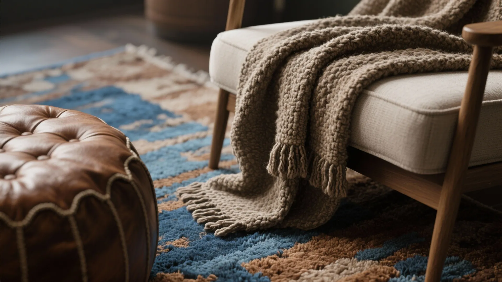 Close up of a brown knitted blanket on a chair over a blue patterned rug