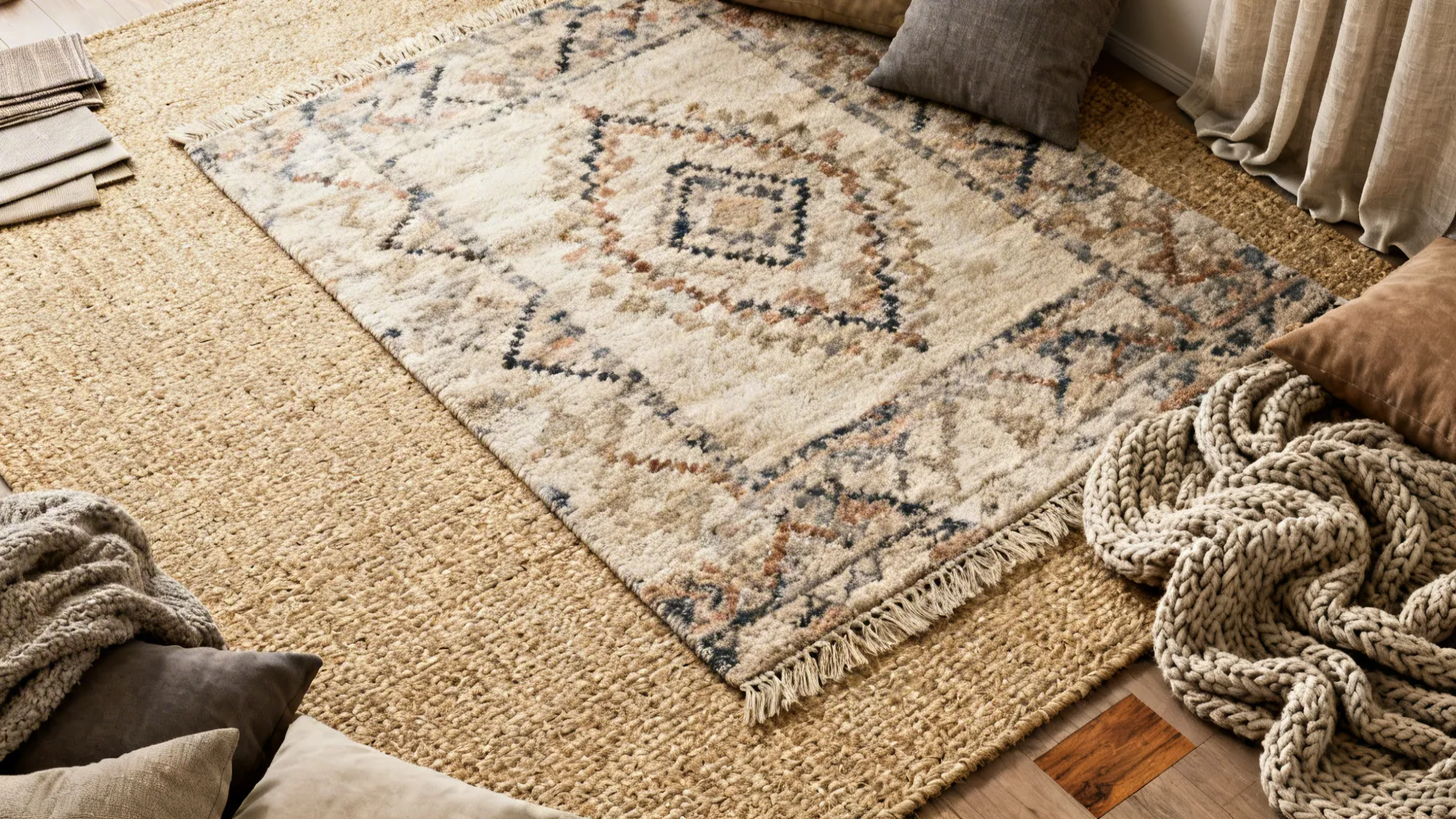 Top-down view of layered rugs and textile swatches showing jute, patterned wool, throws, and cushion fabrics.