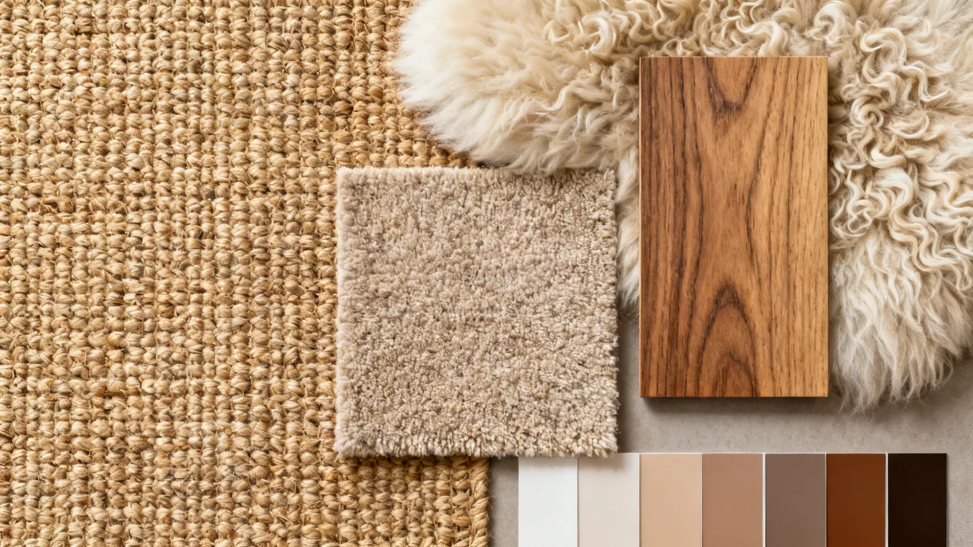 Interior design material flatlay with woven rug samples wood flooring plank and soft white fur