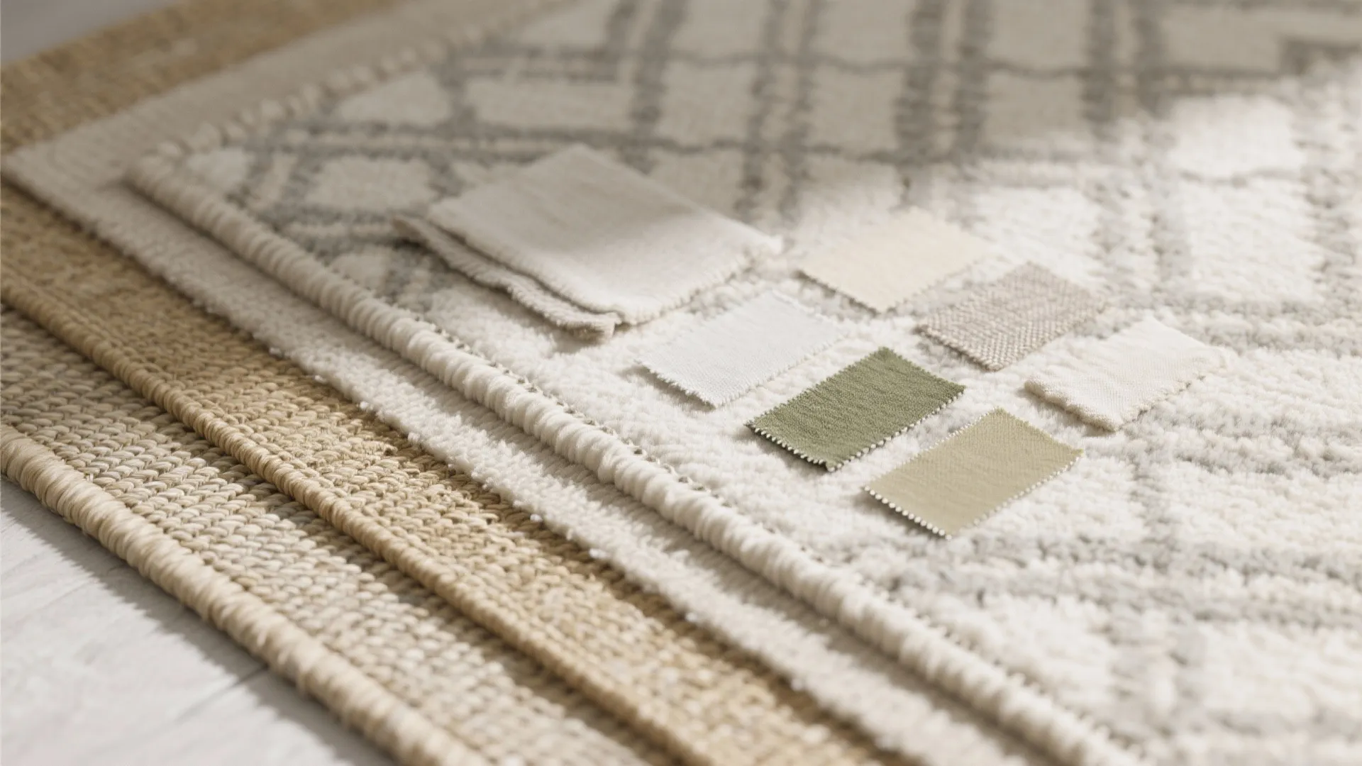 Close up of different rug textures and patterns with small fabric color swatches on top