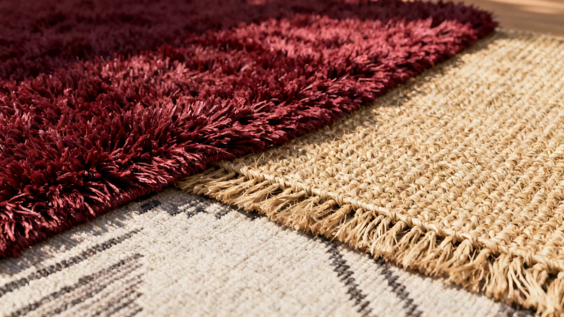 Close up of layered rugs with red fluffy texture and tan woven straw style material floor