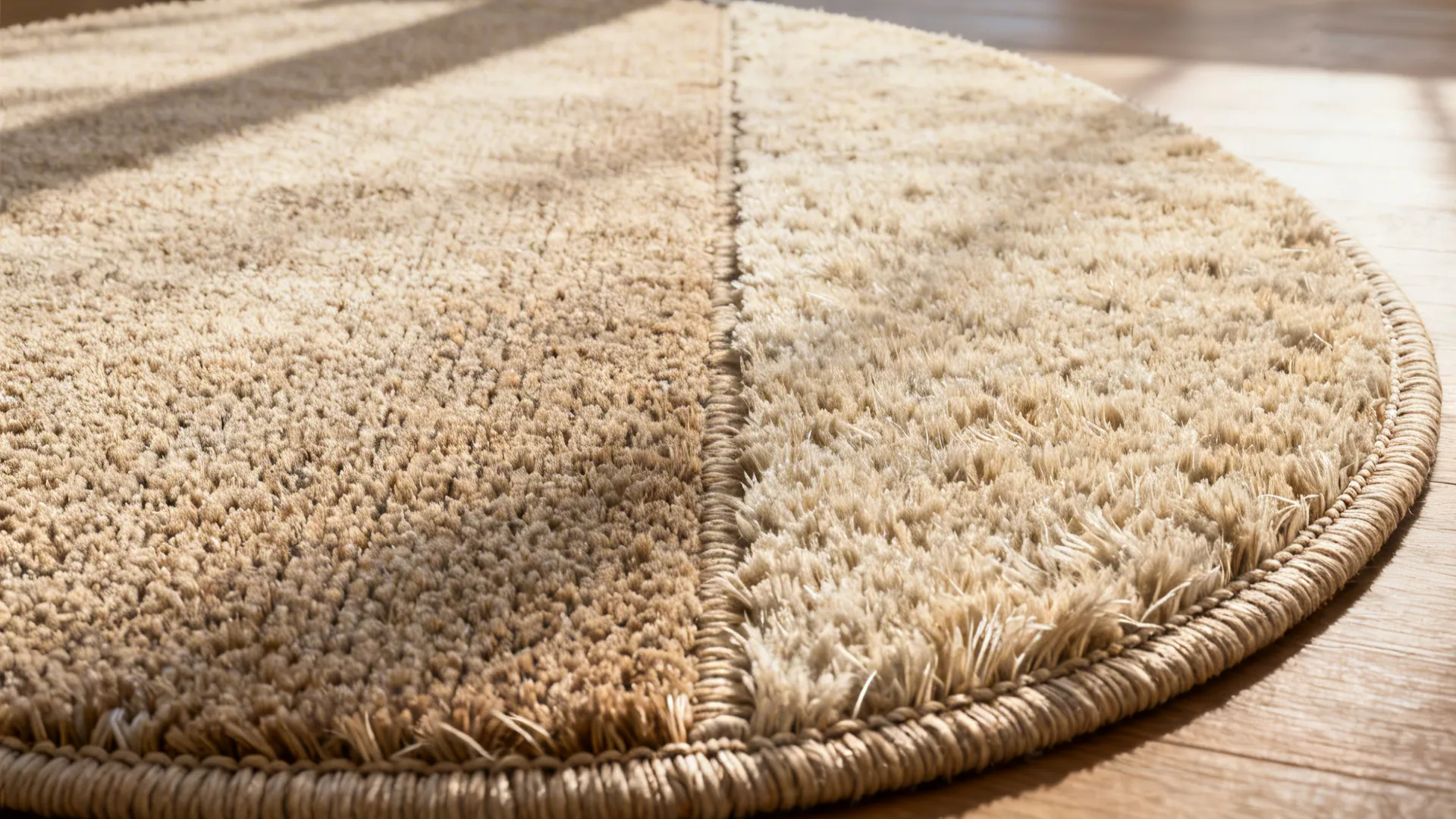 Macro close-up of low-pile wool and high-pile rug textures and binding