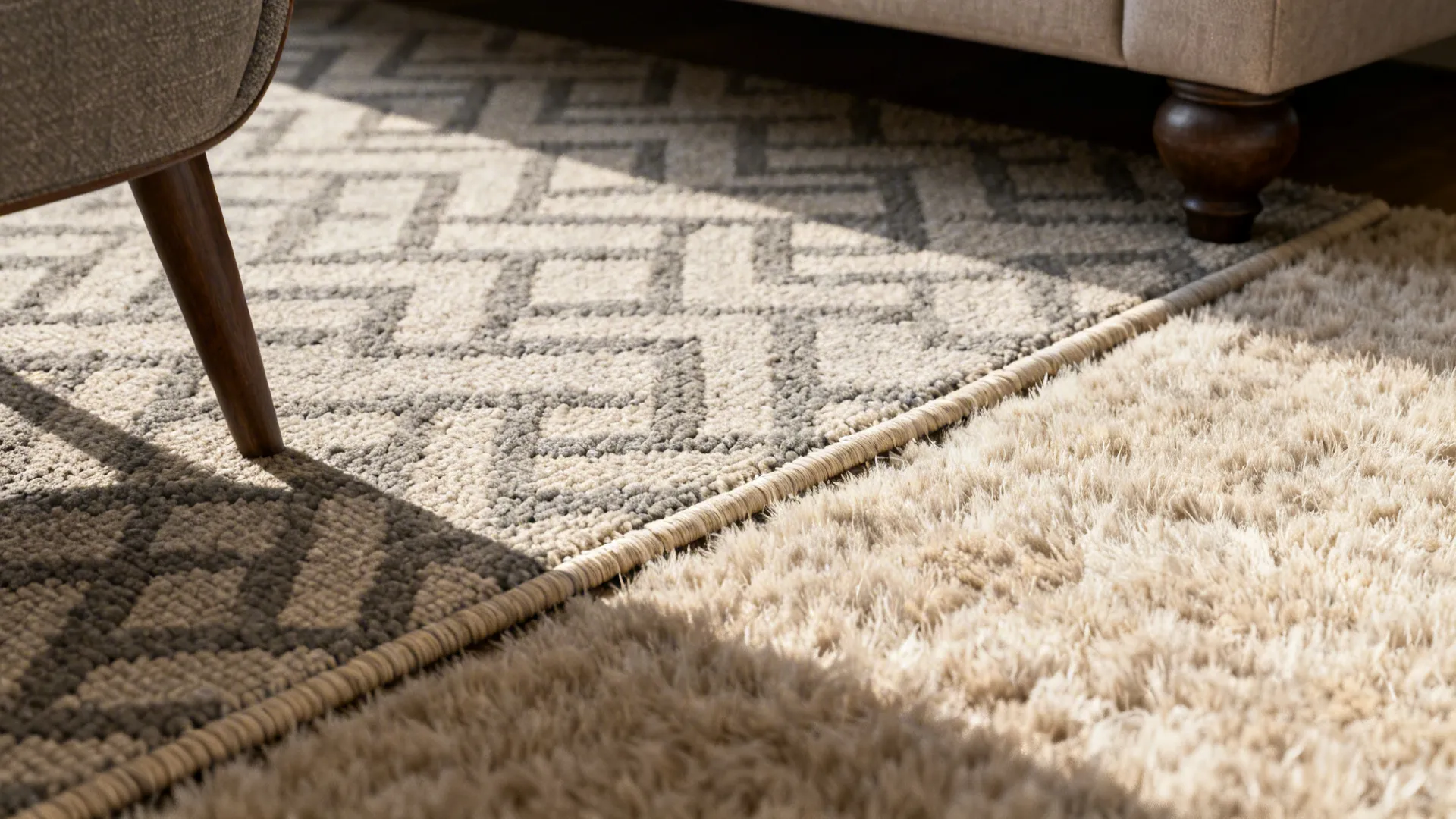Macro of a neutral flatweave rug meeting a low-pile rug, highlighting texture and coordinated tones.