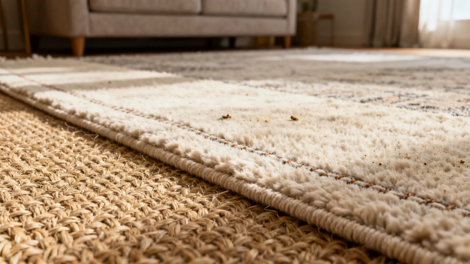 Macro view of layered wool and jute rugs showing detailed weave and pile texture.