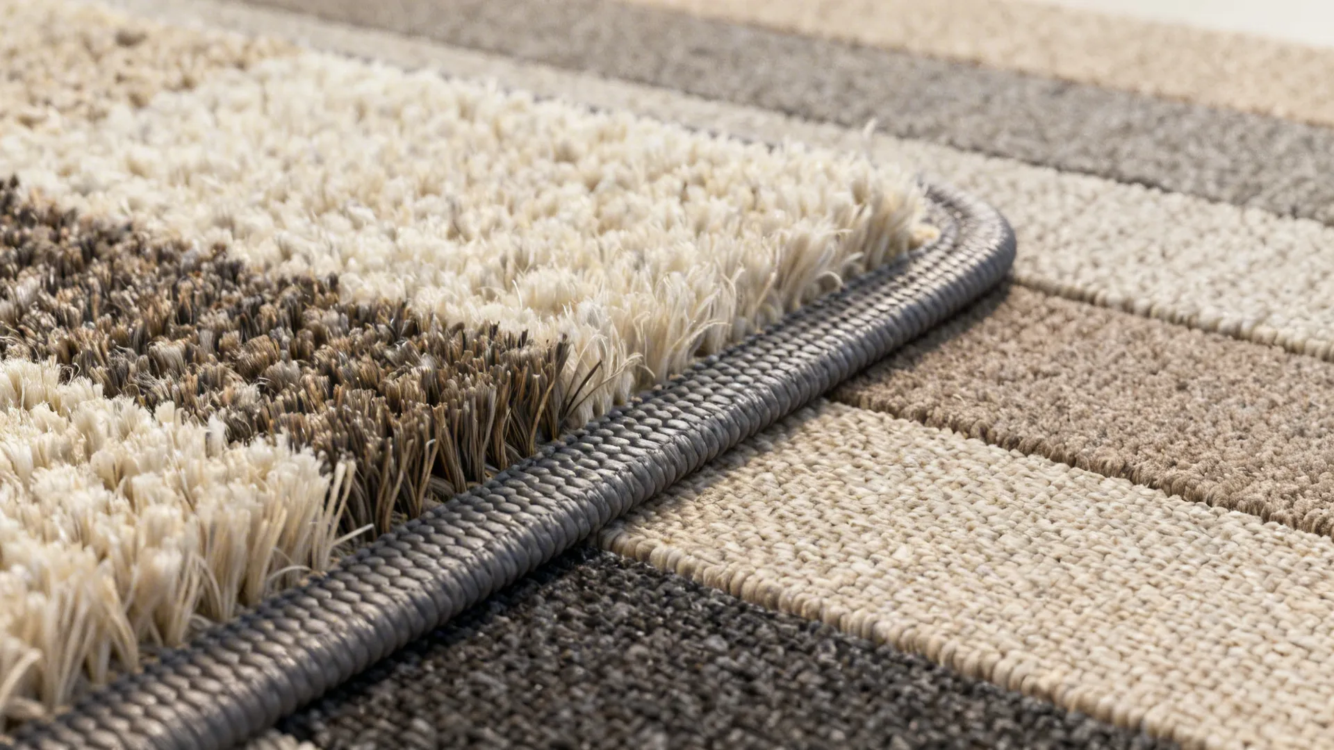 Close-up of rug fibers, wool and polypropylene blend swatches and rug pad texture