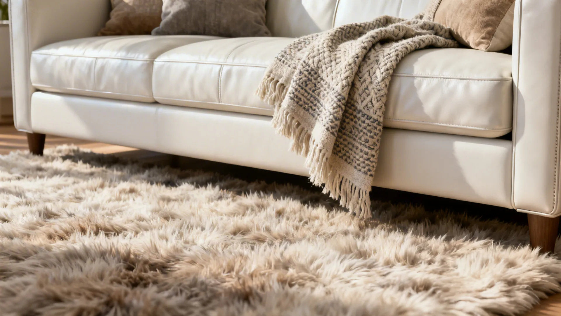 Close-up of a high-pile wool rug and textured throws beside a white leather sofa.