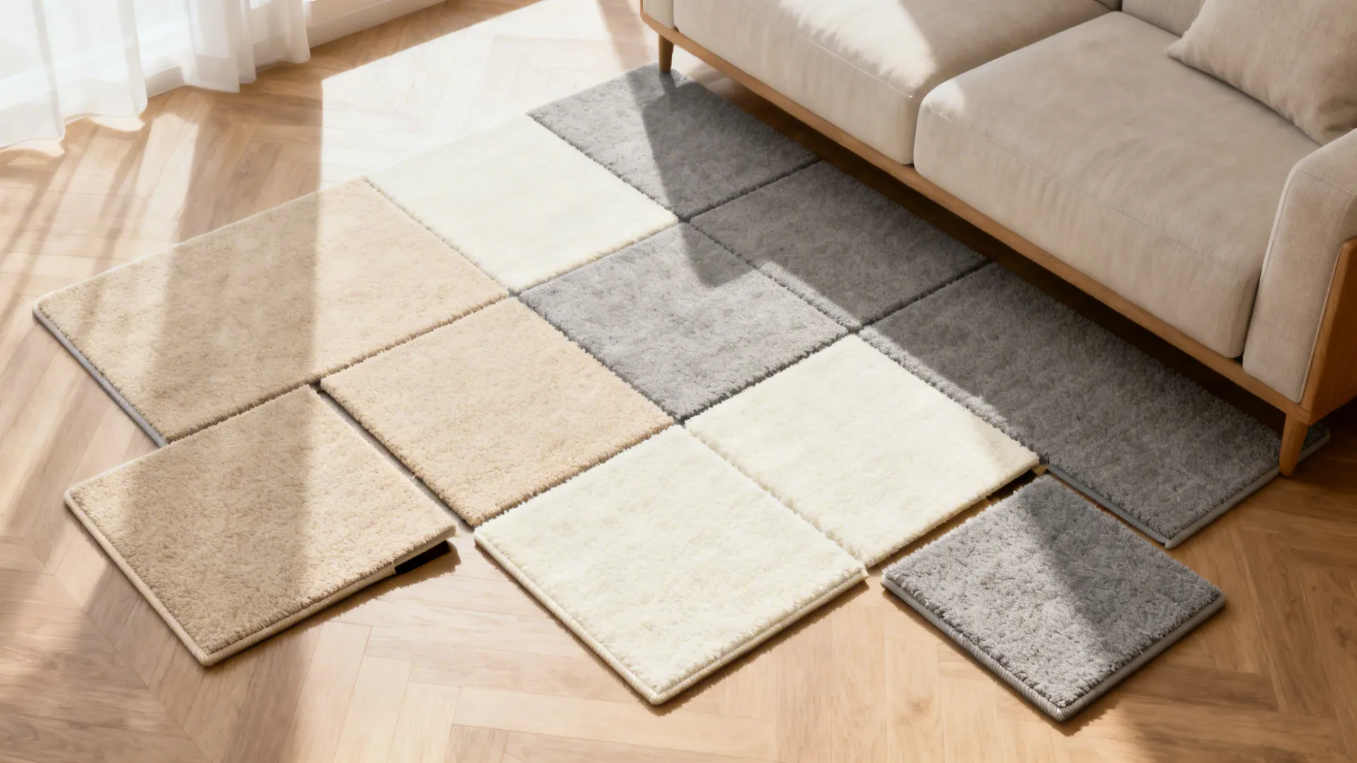 Top-down view of modular washable rug tiles with several tiles removed to show interchangeability.