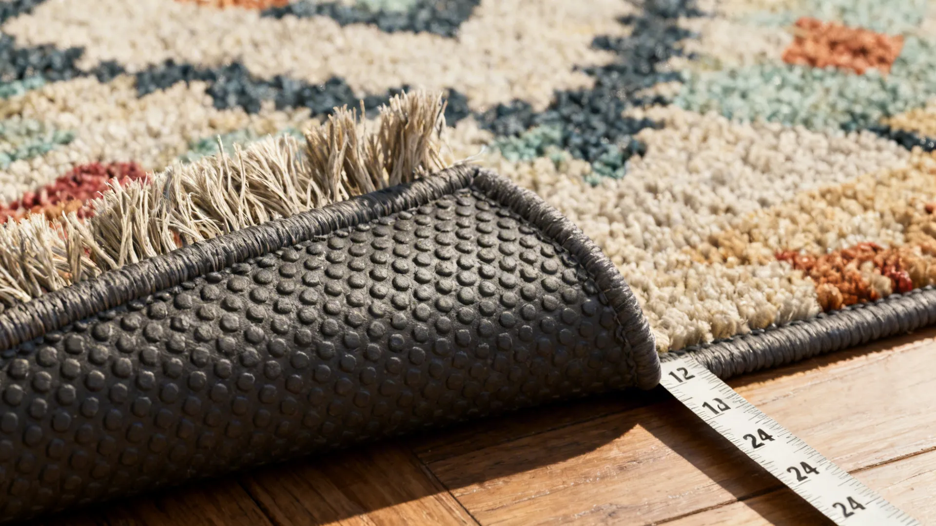 Close-up of rug edge with measuring tape and a non-slip pad showing recommended extensions.