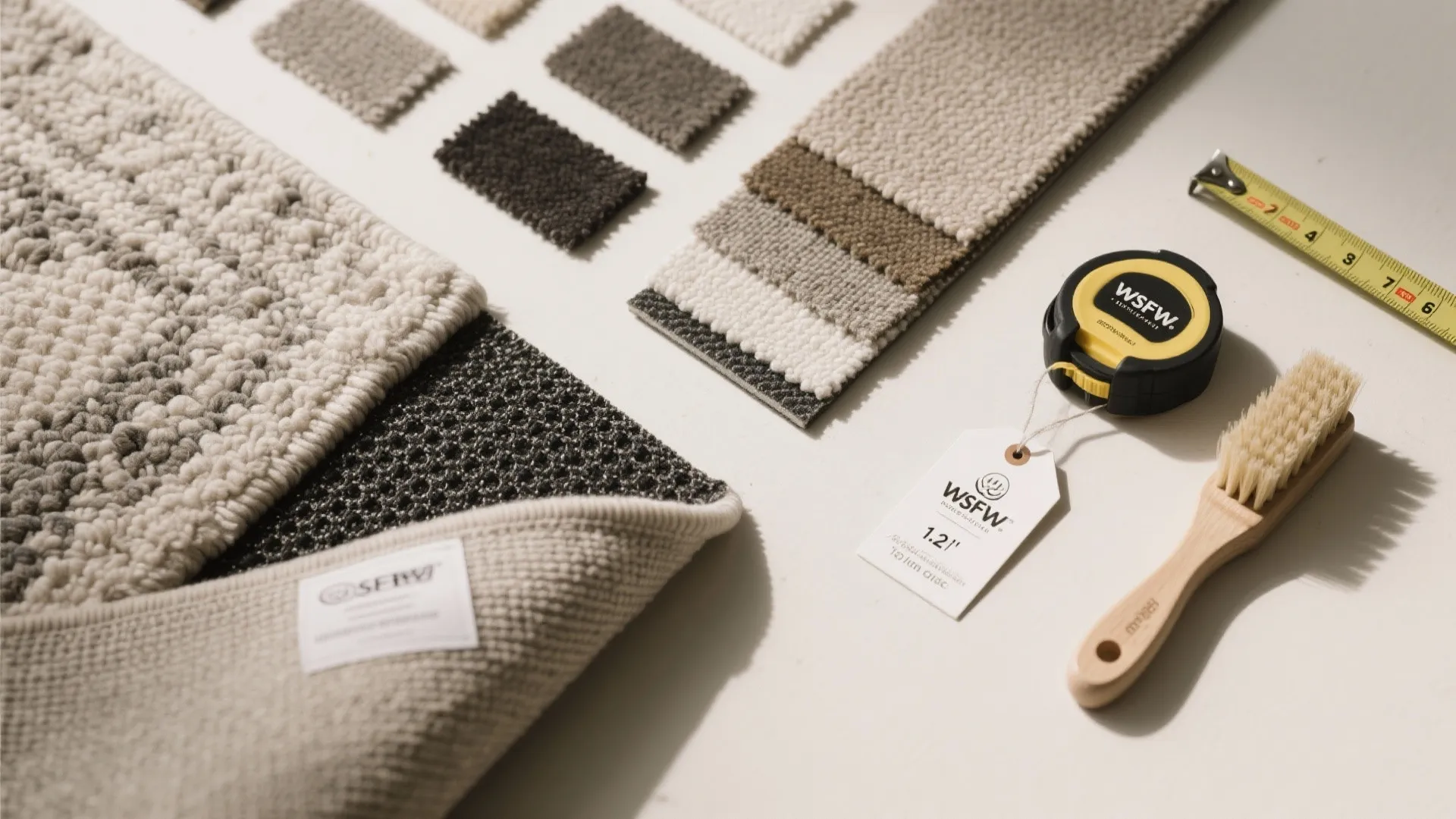 Flatlay showing various rug fabric samples with a measuring tape and a small wooden brush