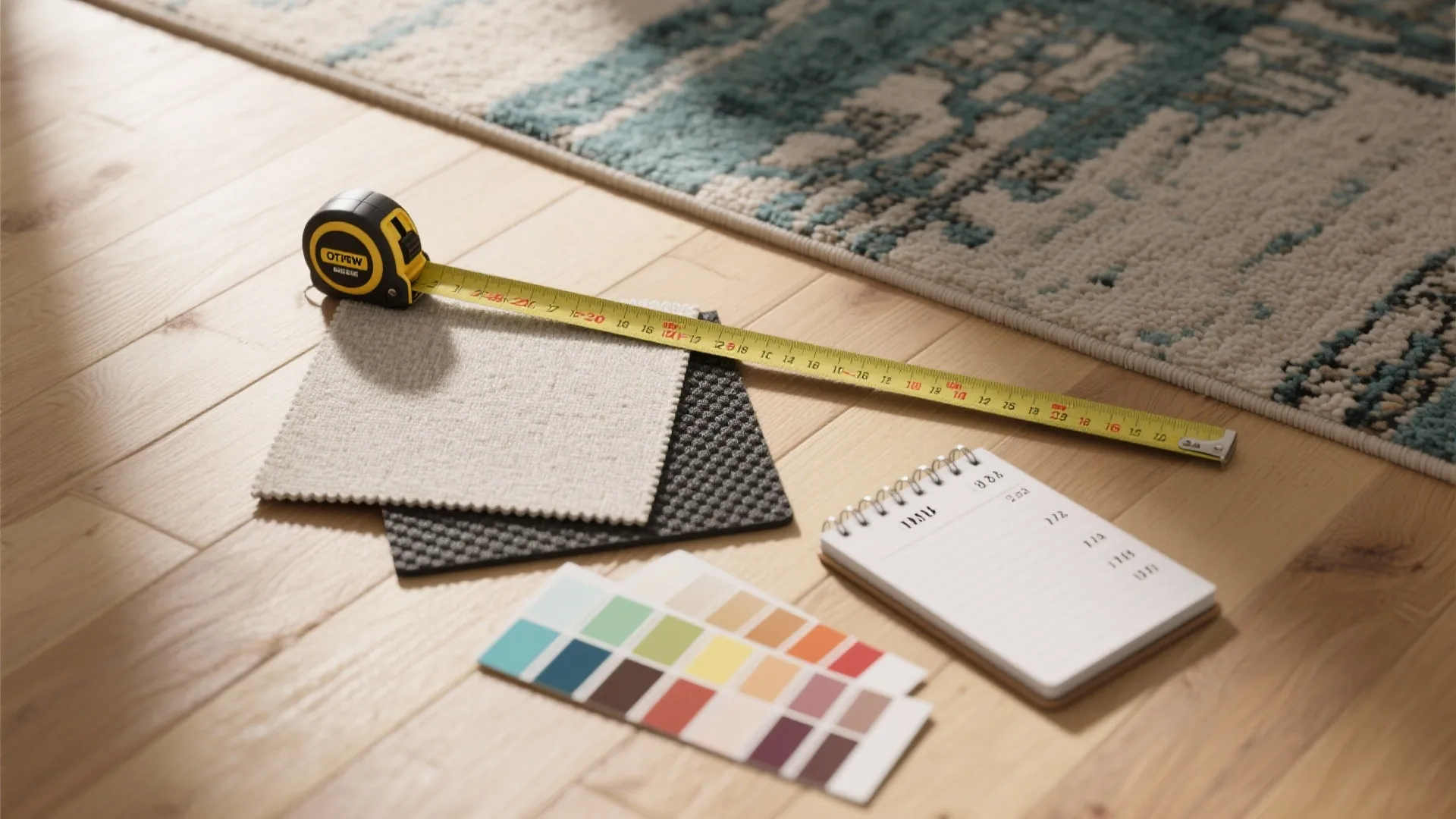 Measuring tape fabric samples and color palette on wood floor for planning home interior design