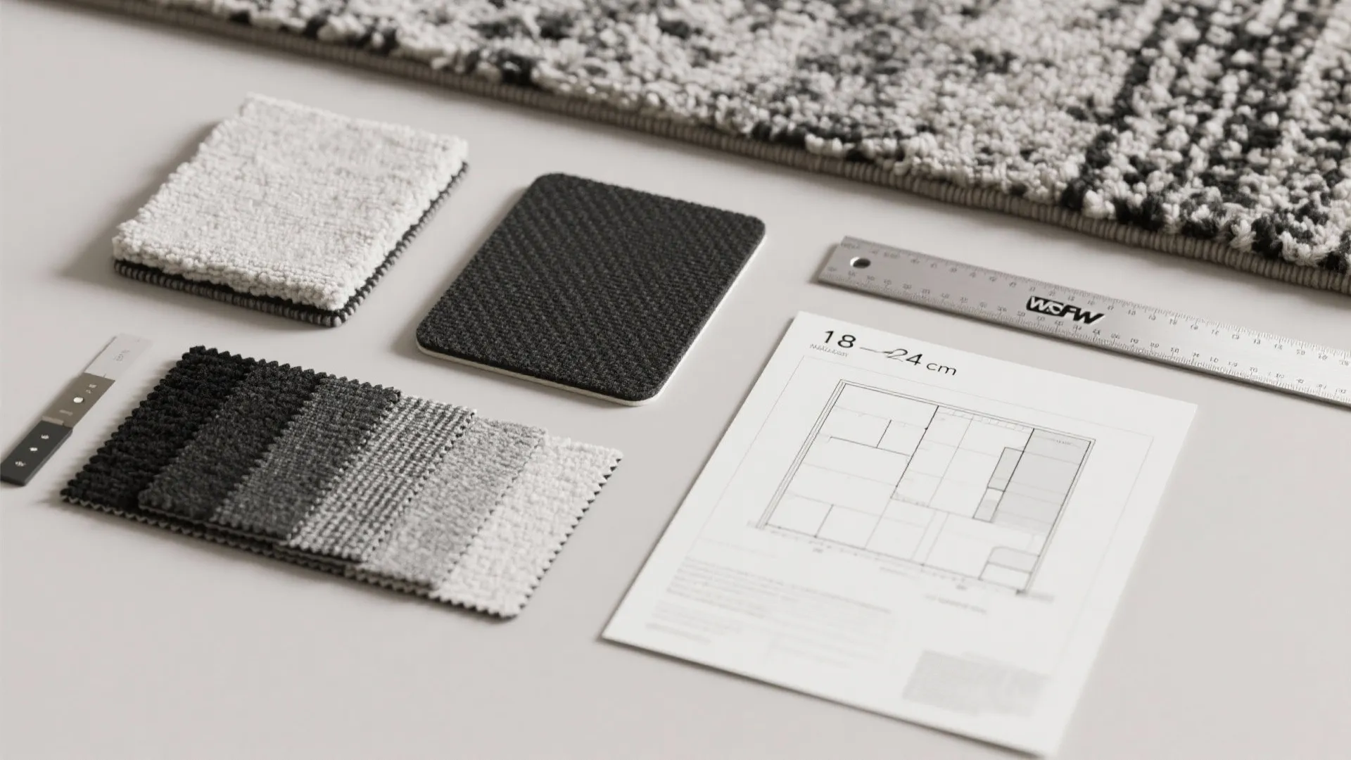 Interior design drawing with various rug material samples and a metal ruler on a desk