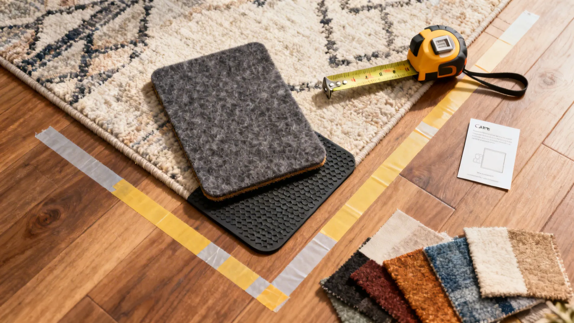 Rug samples and measuring tape on wood floor with tape marks for room layout planning