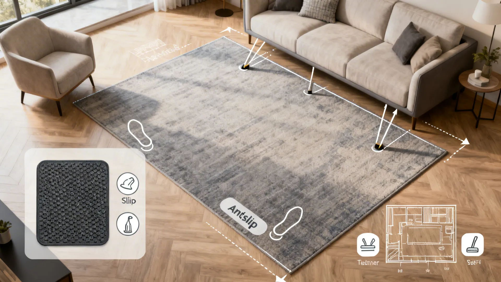 Top-down layout showing rug size overlays, anti-slip pad sample, and furniture placement tips.