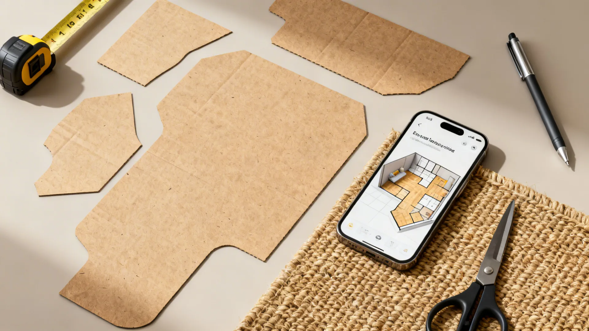 Flat lay of cardboard templates measuring tape scissors and phone showing a custom room design