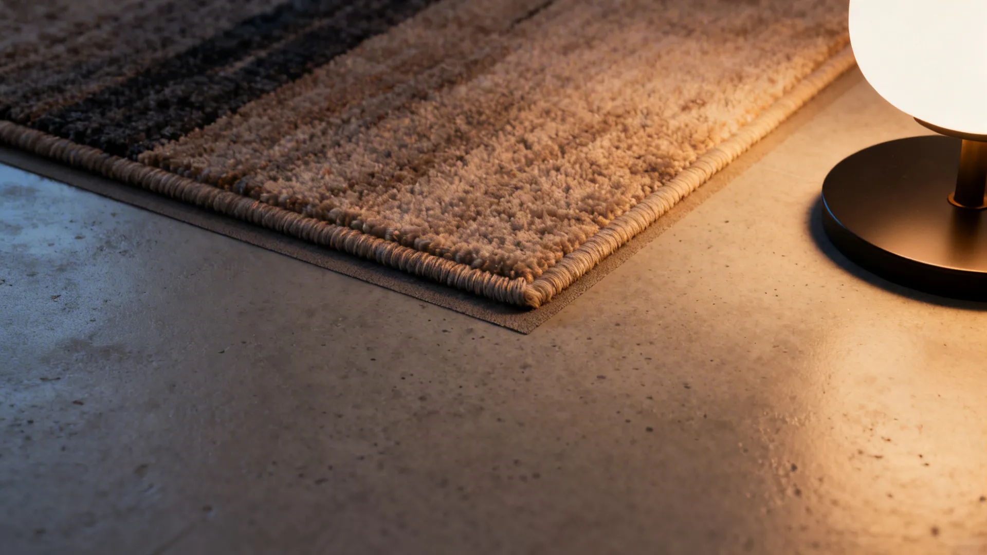 Brown striped rug on a concrete floor next to a round lamp with warm light