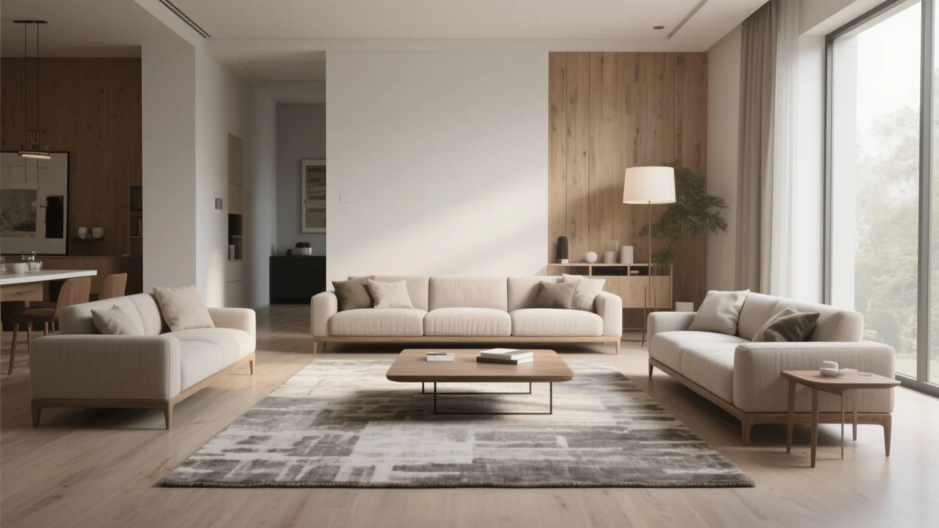 Modern minimal living room with beige sofas wooden coffee table patterned rug and floor lamp lighting