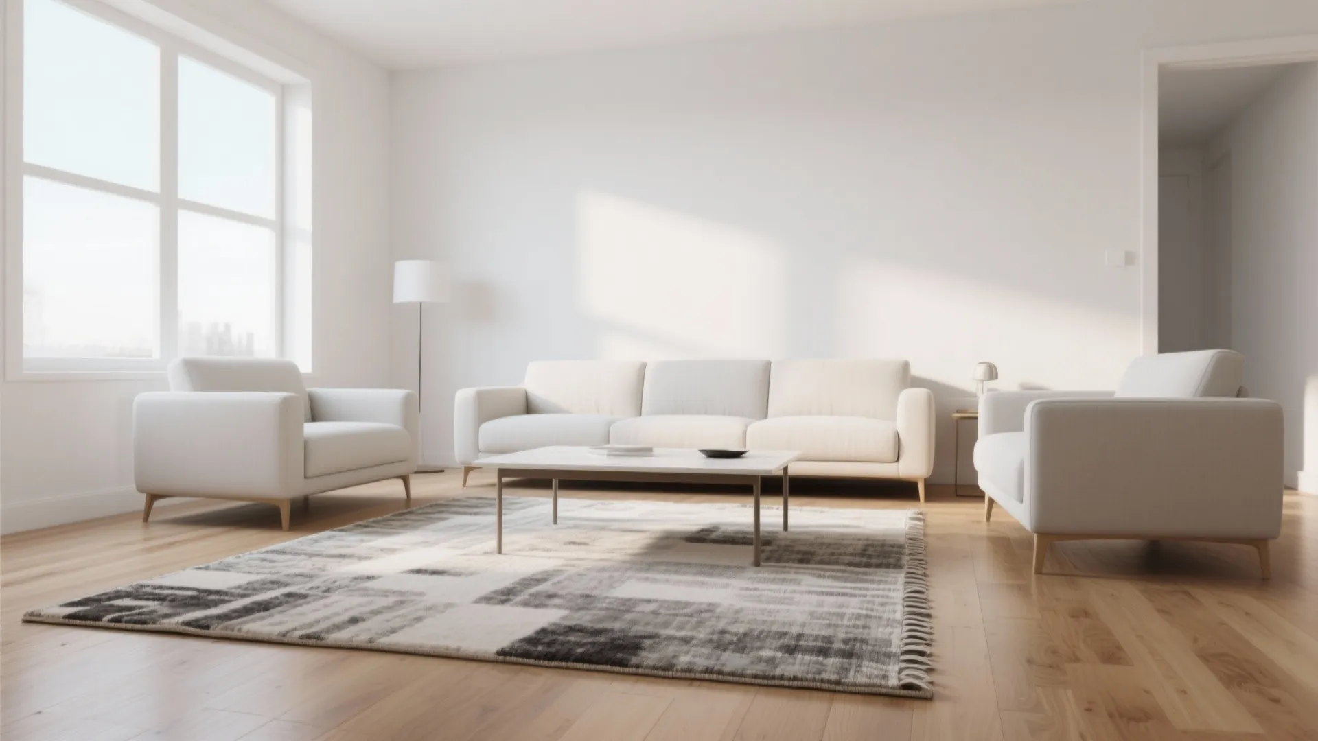 Minimalist bright living room with white sofa and chairs on patterned rug over wood floor