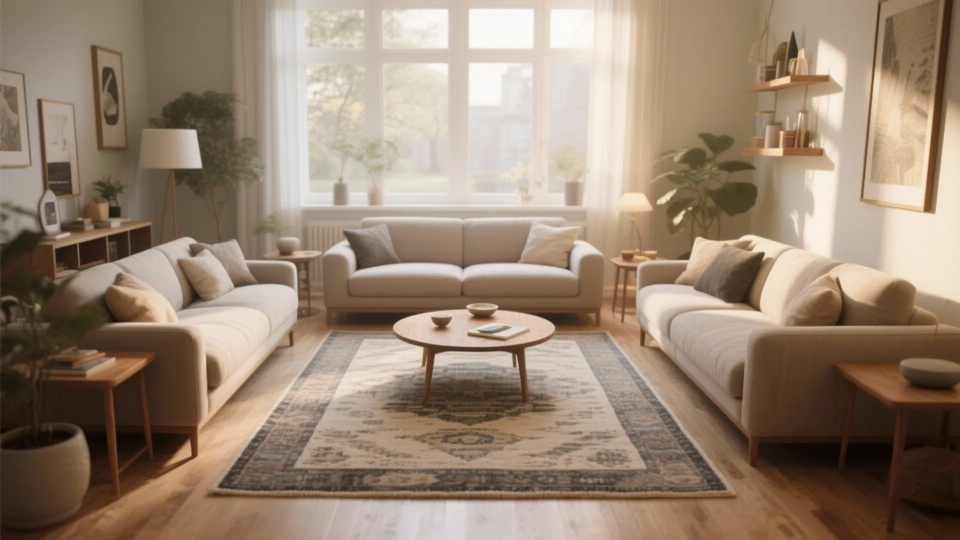 5x7 rug centered under coffee table in a living room