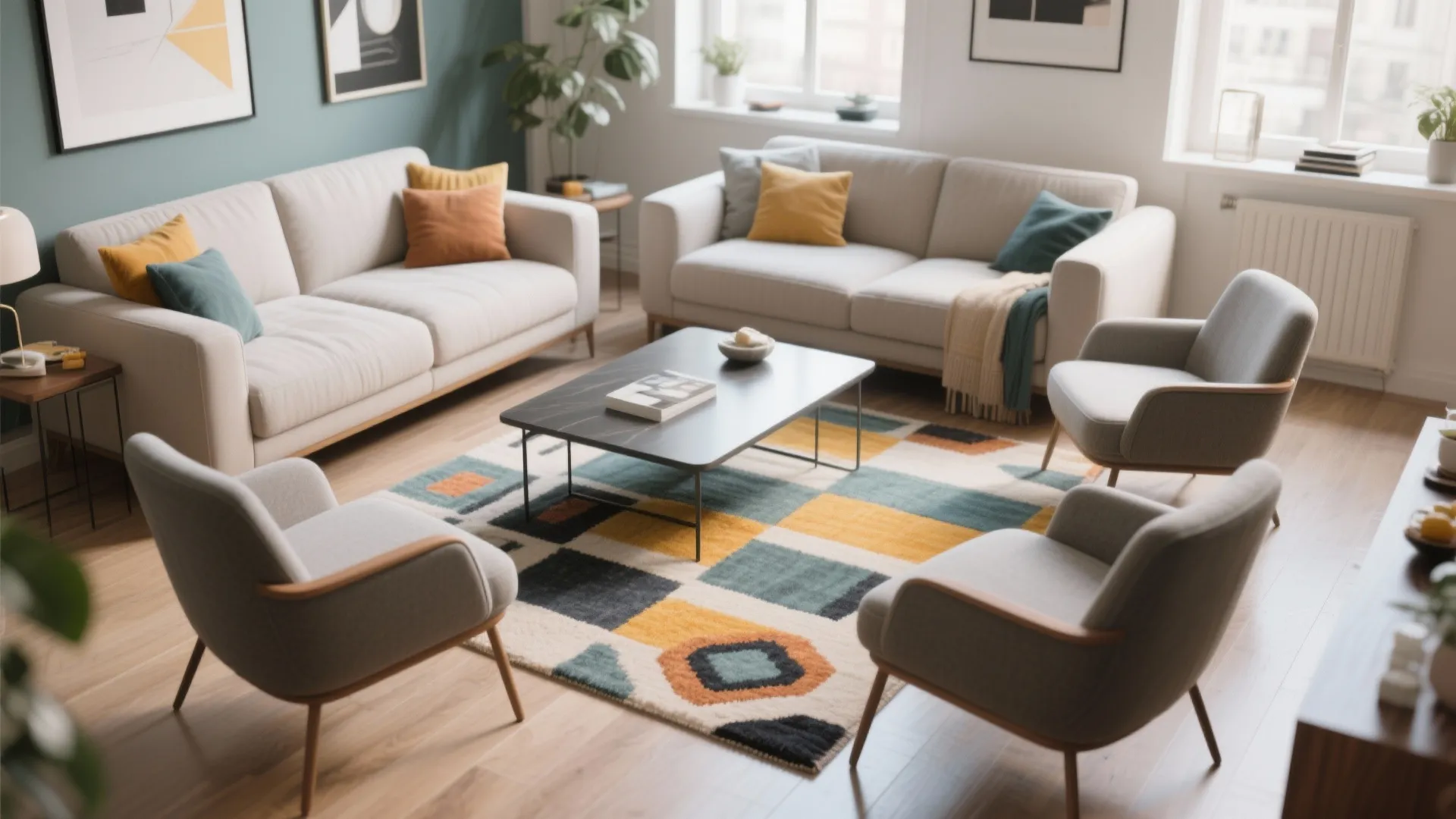 Modern living room showing two beige sofas grey armchairs geometric rug and black coffee table design