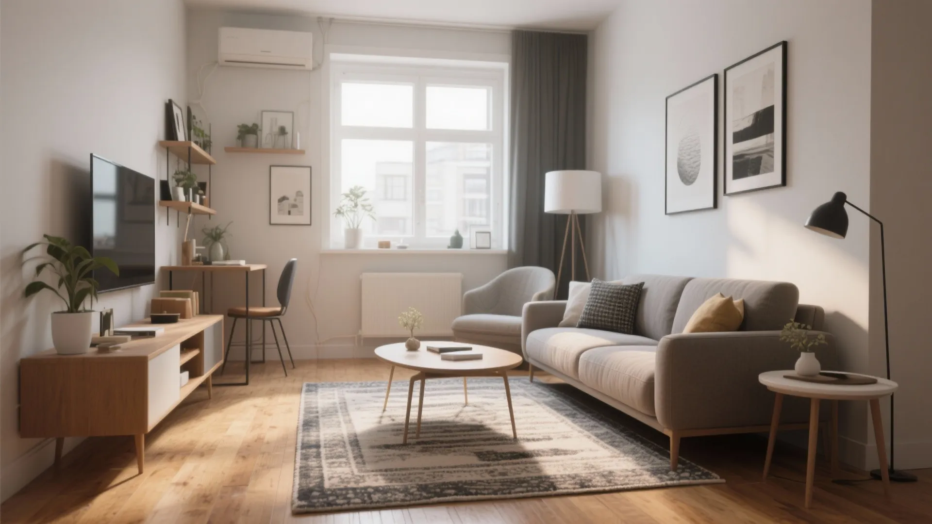 Small apartment living room with grey sofa wooden coffee table desk area and wall art