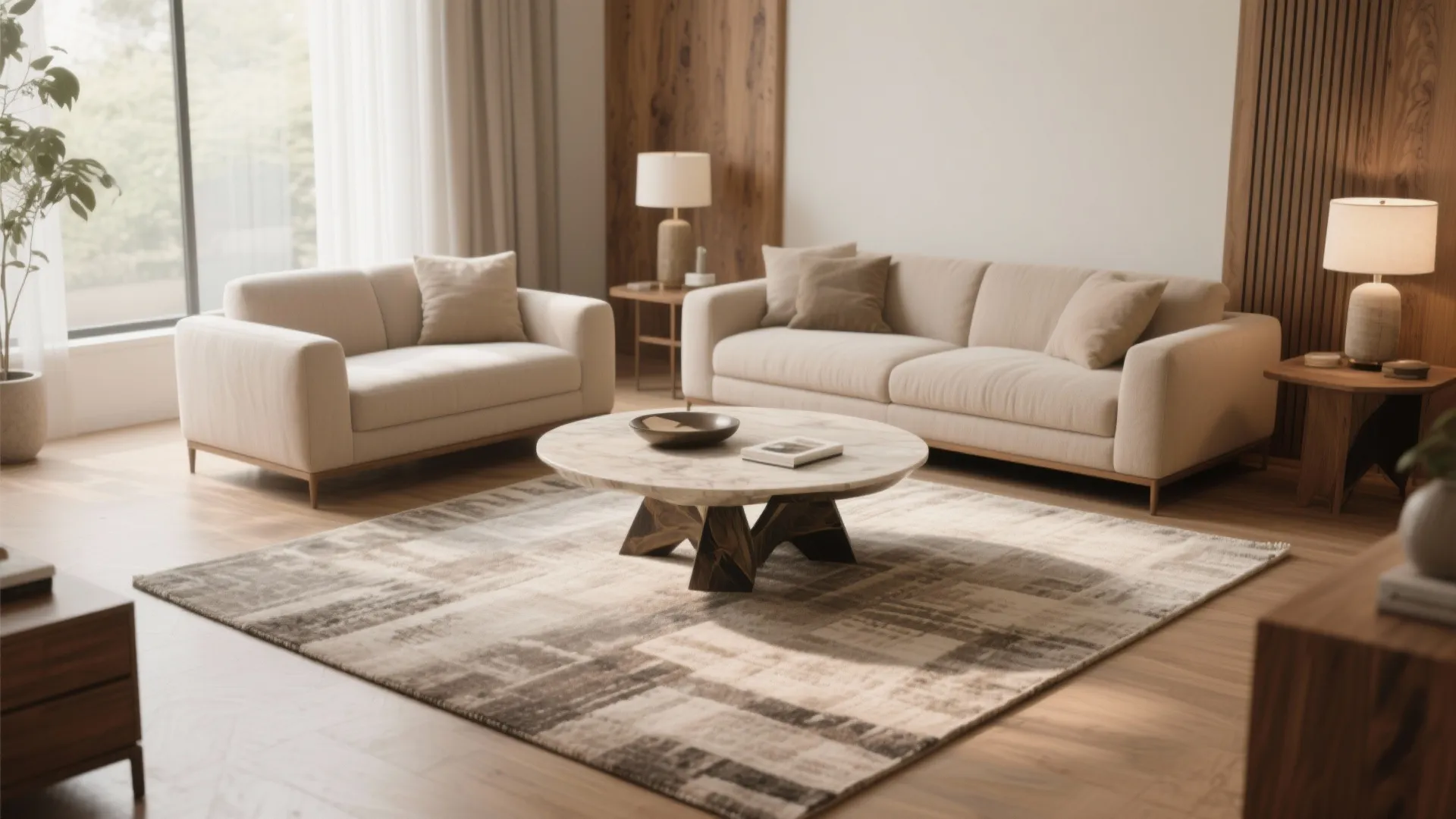 Patterned rug under a round coffee table in a modern living room with beige sofa